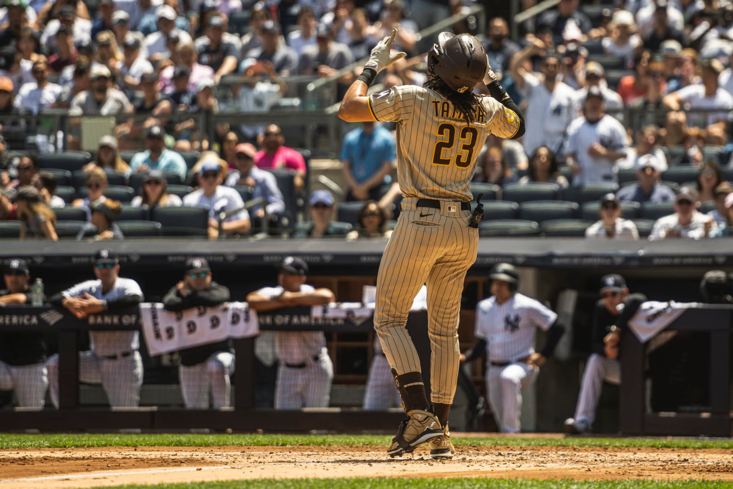 NEW YORK, NEW YORK - MAY 27: Fernando Tatis Jr. #23 of the San Diego Padres celebrates at home plate after hitting a home run in the fourth inning against the New York Yankees at Yankee Stadium on May 27, 2023 in the Bronx borough of New York City. (Photo by Matt Thomas/San Diego Padres/Getty Images)