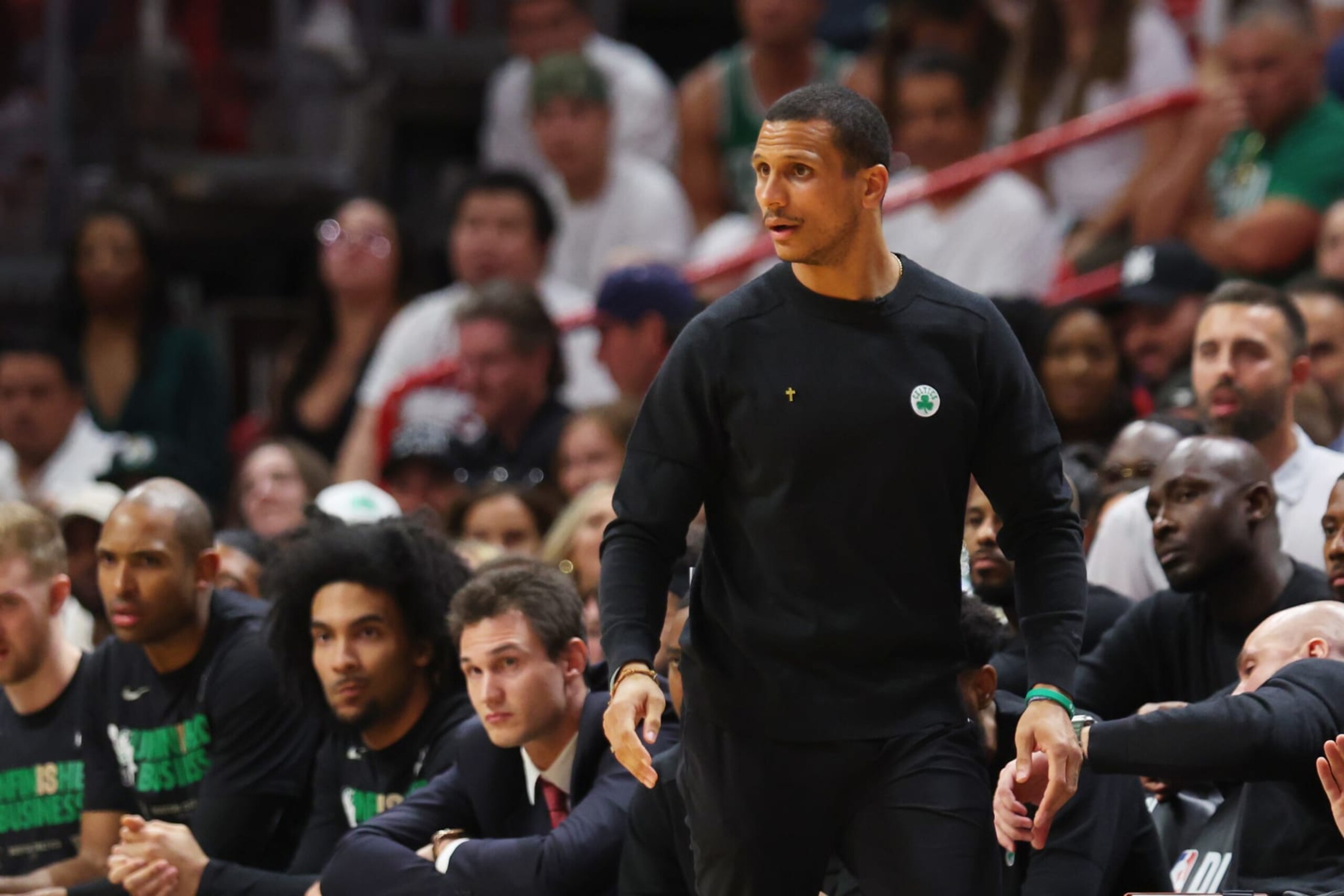 MIAMI, FLORIDA - MAY 27: Boston Celtics head coach Joe Mazzulla gestures to his team against the Miami Heat during the third quarter in game six of the Eastern Conference Finals at Kaseya Center on May 27, 2023 in Miami, Florida. NOTE TO USER: User expressly acknowledges and agrees that, by downloading and or using this photograph, User is consenting to the terms and conditions of the Getty Images License Agreement. (Photo by Mike Ehrmann/Getty Images)