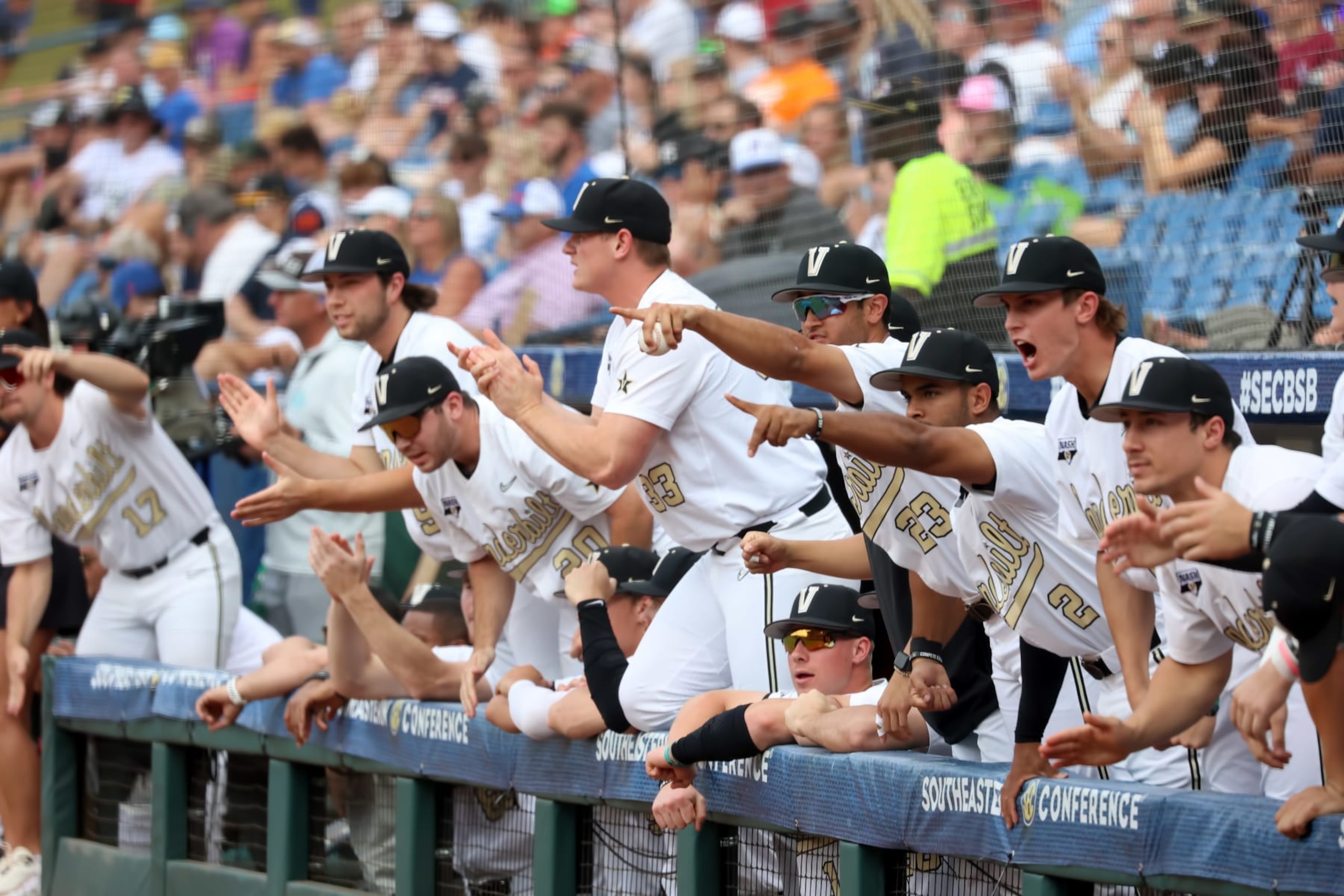 HOOVER, AL - MAY 27: Vanderbilt Commodores react to an early run during the 2023 SEC Baseball Tournament game between the Florida Gators and the Vanderbilt Commodores on May 27, 2023 at Hoover Metropolitan Stadium in Hoover, Alabama. (Photo by Michael Wade/Icon Sportswire via Getty Images) HOOVER, AL - MAY 27: Vanderbilt Commodores react to an early run during the 2023 SEC Baseball Tournament game between the Florida Gators and the Vanderbilt Commodores on May 27, 2023 at Hoover Metropolitan Stadium in Hoover, Alabama. (Photo by Michael Wade/Icon Sportswire via Getty Images)