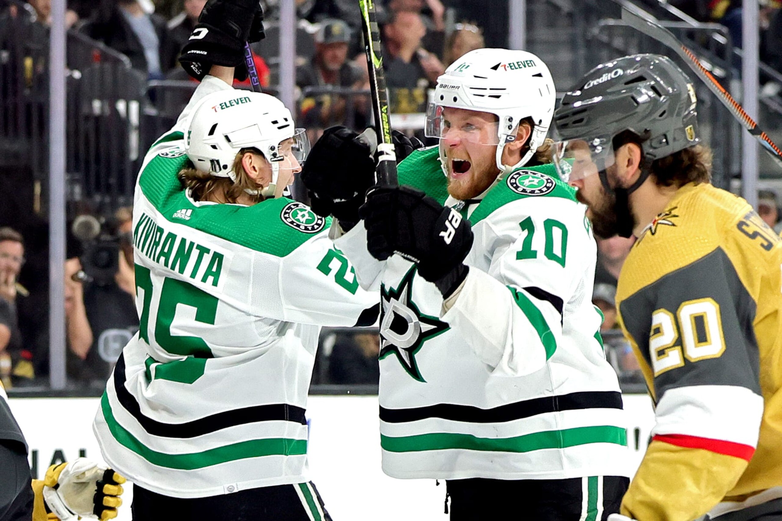 LAS VEGAS, NEVADA - MAY 27:  Ty Dellandrea #10 of the Dallas Stars celebrates with Joel Kiviranta #25 after scoring his second goal against the Vegas Golden Knights during the third period in Game Five of the Western Conference Final of the 2023 Stanley Cup Playoffs at T-Mobile Arena on May 27, 2023 in Las Vegas, Nevada. (Photo by Ethan Miller/Getty Images)