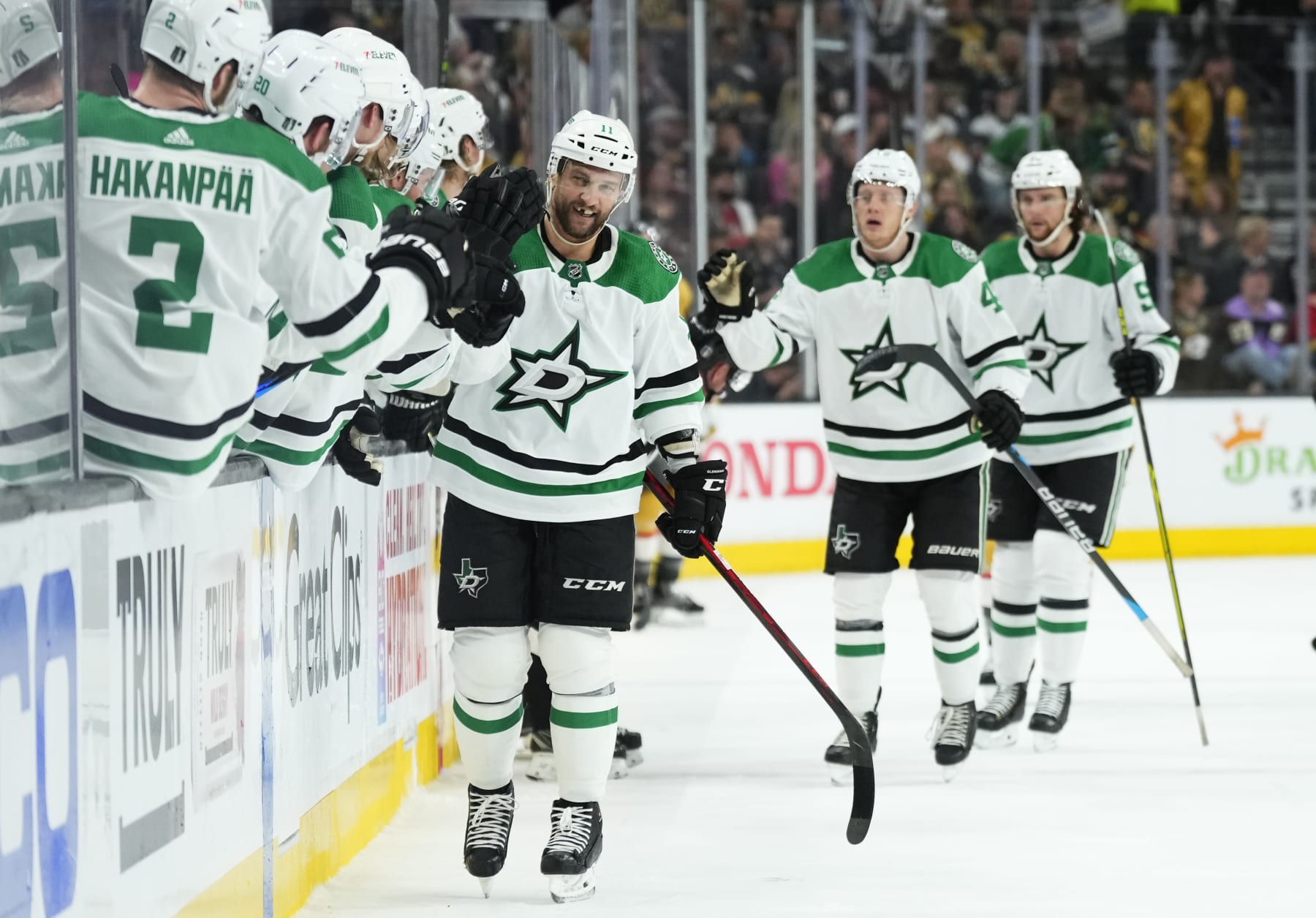 LAS VEGAS, NEVADA - MAY 27: Luke Glendening #11 of the Dallas Stars celebrates with teammates after a goal during the first period against the Vegas Golden Knights in Game Five of the Western Conference Final of the 2023 Stanley Cup Playoffs at T-Mobile Arena on May 27, 2023 in Las Vegas, Nevada. (Photo by Jeff Bottari/NHLI via Getty Images)