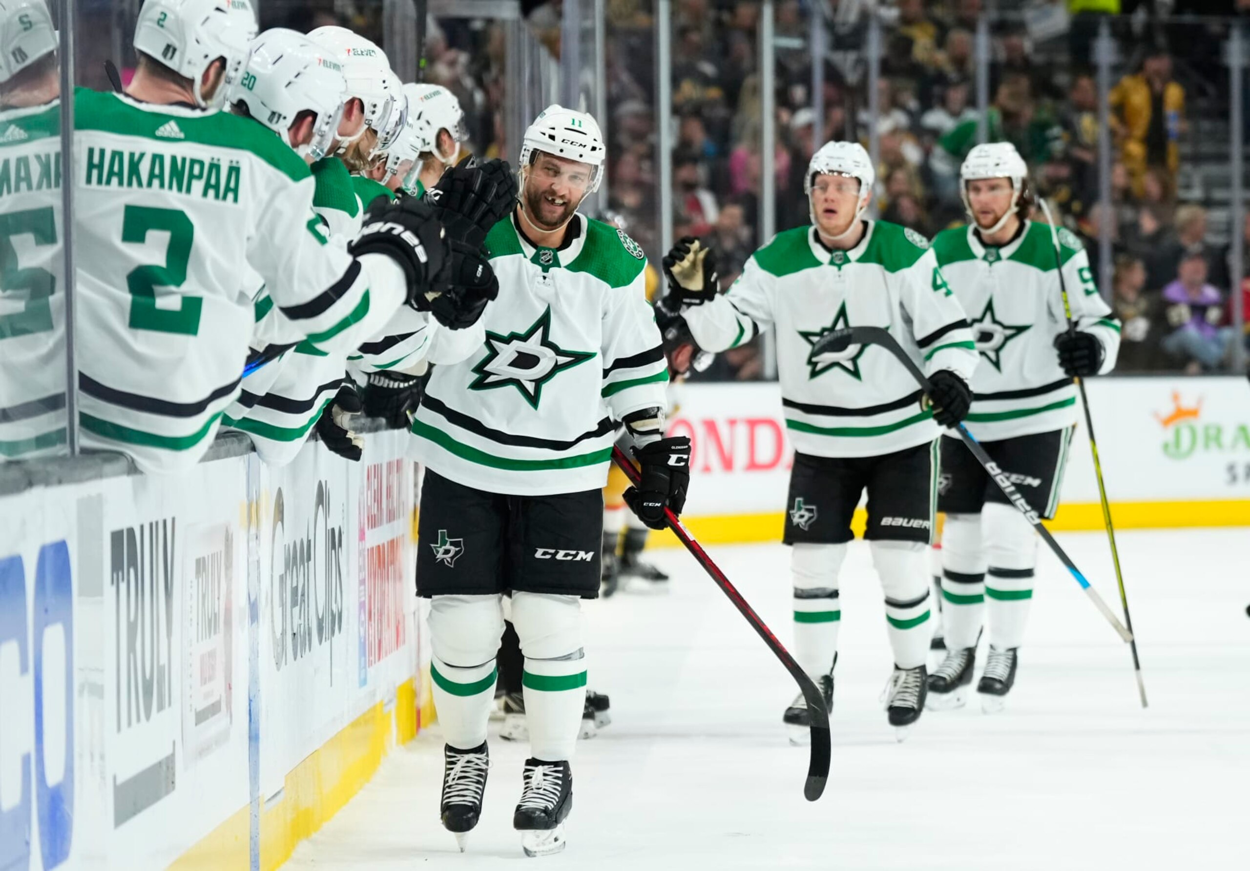 LAS VEGAS, NEVADA - MAY 27: Luke Glendening #11 of the Dallas Stars celebrates with teammates after a goal during the first period against the Vegas Golden Knights in Game Five of the Western Conference Final of the 2023 Stanley Cup Playoffs at T-Mobile Arena on May 27, 2023 in Las Vegas, Nevada. (Photo by Jeff Bottari/NHLI via Getty Images)