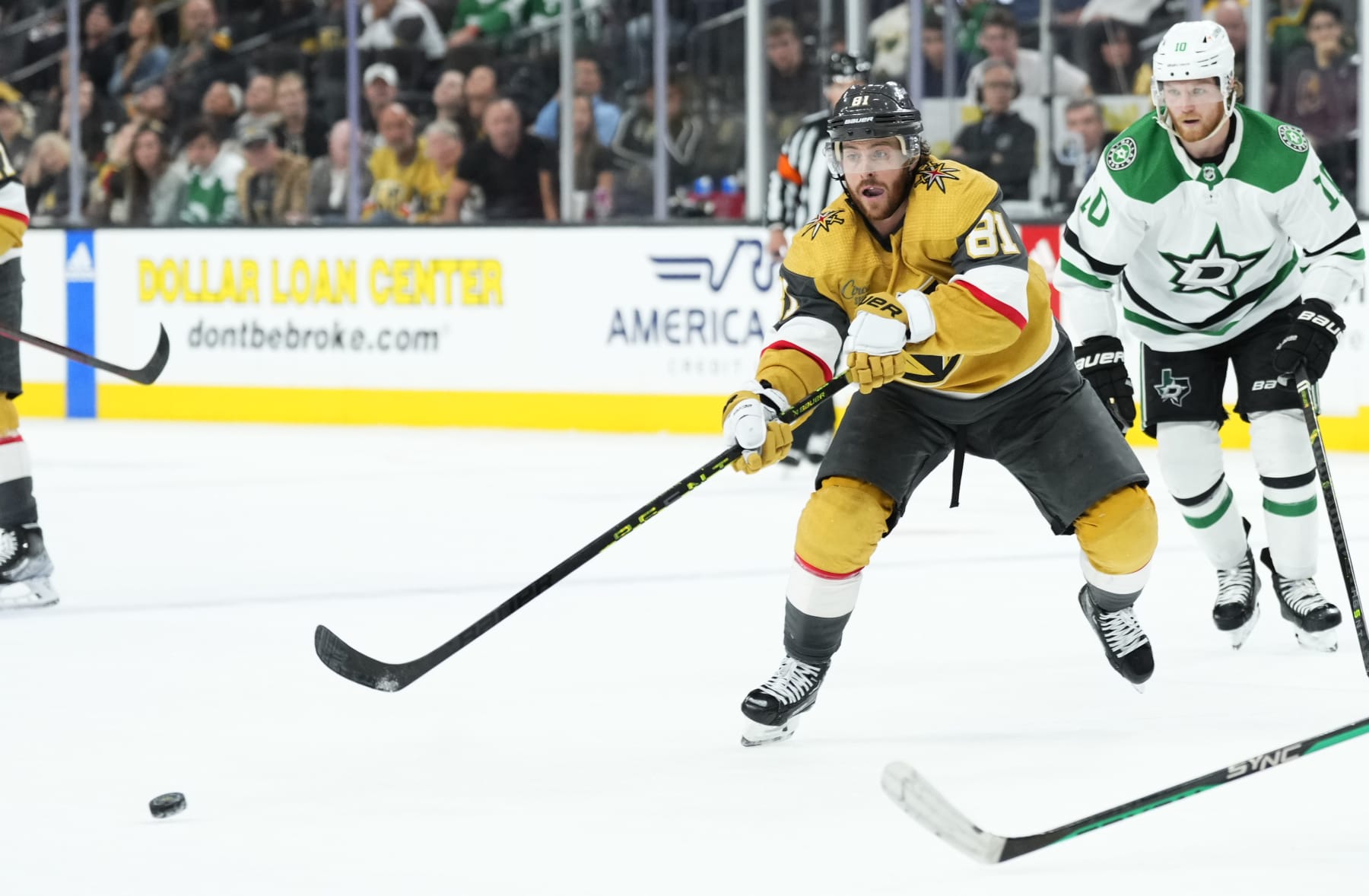 LAS VEGAS, NEVADA - MAY 27: Jonathan Marchessault #81 of the Vegas Golden Knights skates during the third period against the Dallas Stars Game Five of the Western Conference Final of the 2023 Stanley Cup Playoffs at T-Mobile Arena on May 27, 2023 in Las Vegas, Nevada. (Photo by Jeff Bottari/NHLI via Getty Images)