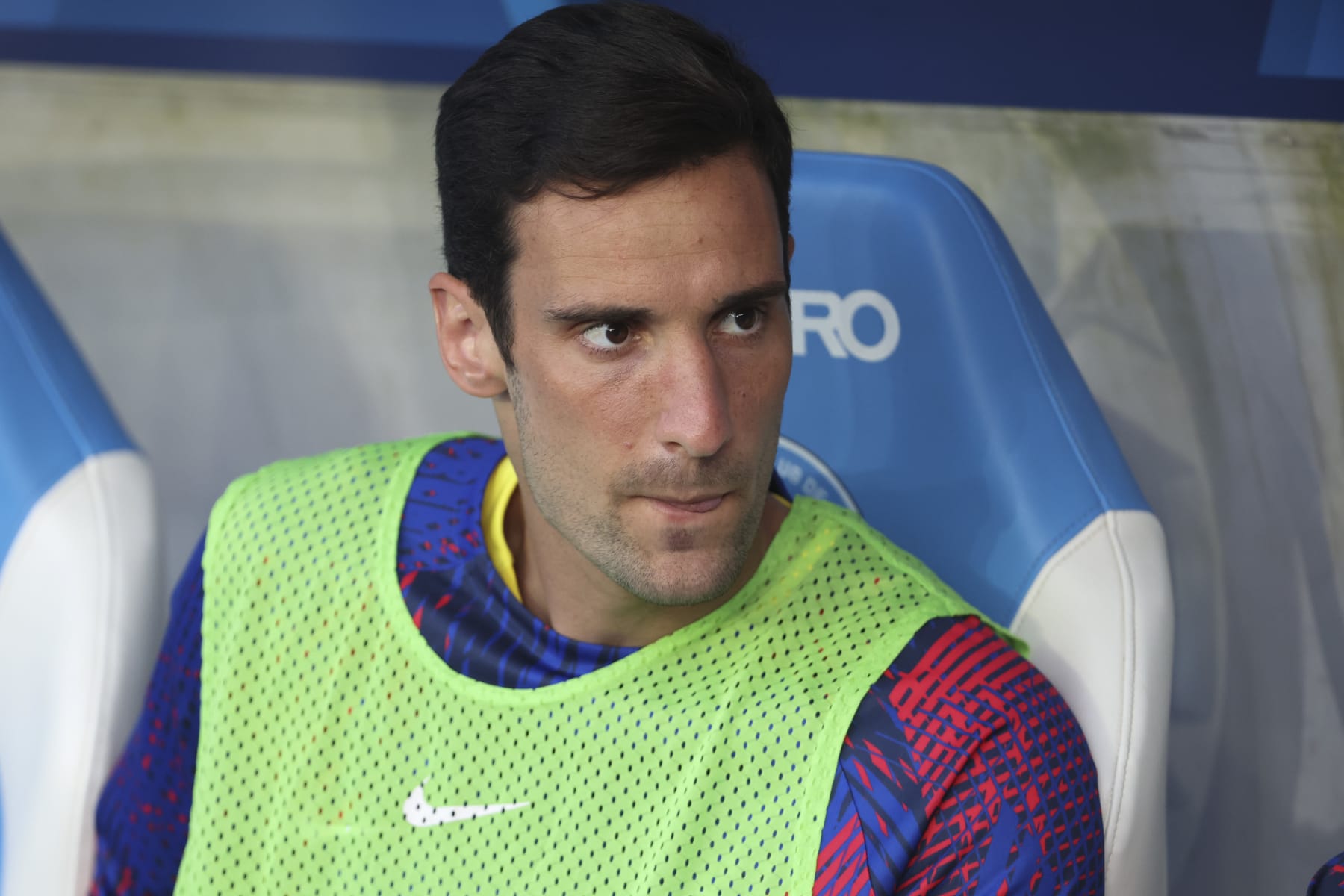 STRASBOURG, FRANCE - MAY 27: PSG goalkeeper Sergio Rico on the bench during the Ligue 1 Uber Eats match between RC Strasbourg (RCSA) and Paris Saint-Germain (PSG, Paris SG) at Stade de la Meinau on May 27, 2023 in Strasbourg, France. (Photo by Jean Catuffe/Getty Images)
