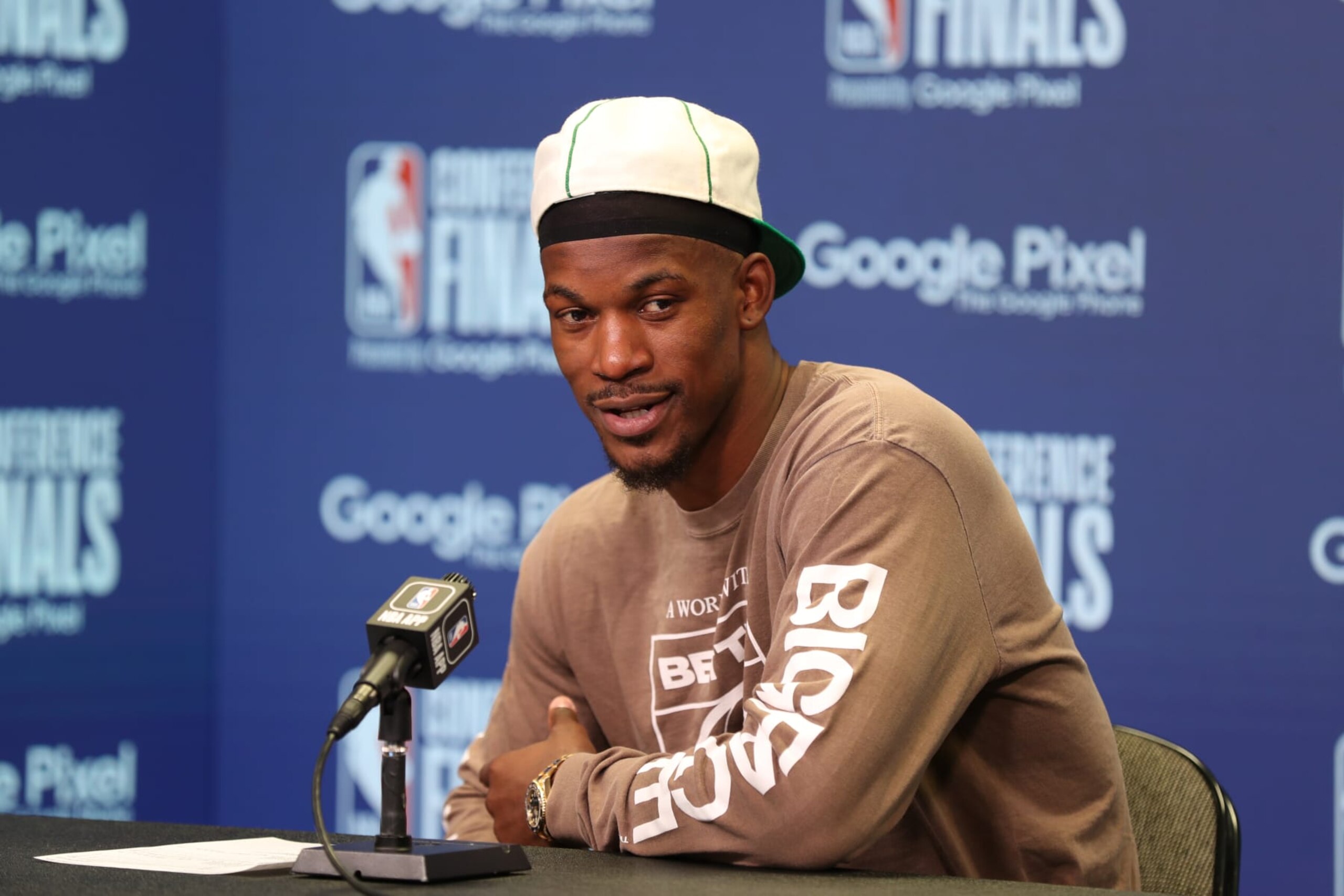 MIAMI, FL - MAY 27: Jimmy Butler #22 of the Miami Heat speaks to the media after round 3 game 6 of the Eastern Conference finals 2023 NBA Playoffs against the Boston Celtics on May 27, 2023 at Kaseya Center in Miami, Florida. NOTE TO USER: User expressly acknowledges and agrees that, by downloading and or using this Photograph, user is consenting to the terms and conditions of the Getty Images License Agreement. Mandatory Copyright Notice: Copyright 2023 NBAE (Photo by Issac Baldizon/NBAE via Getty Images)