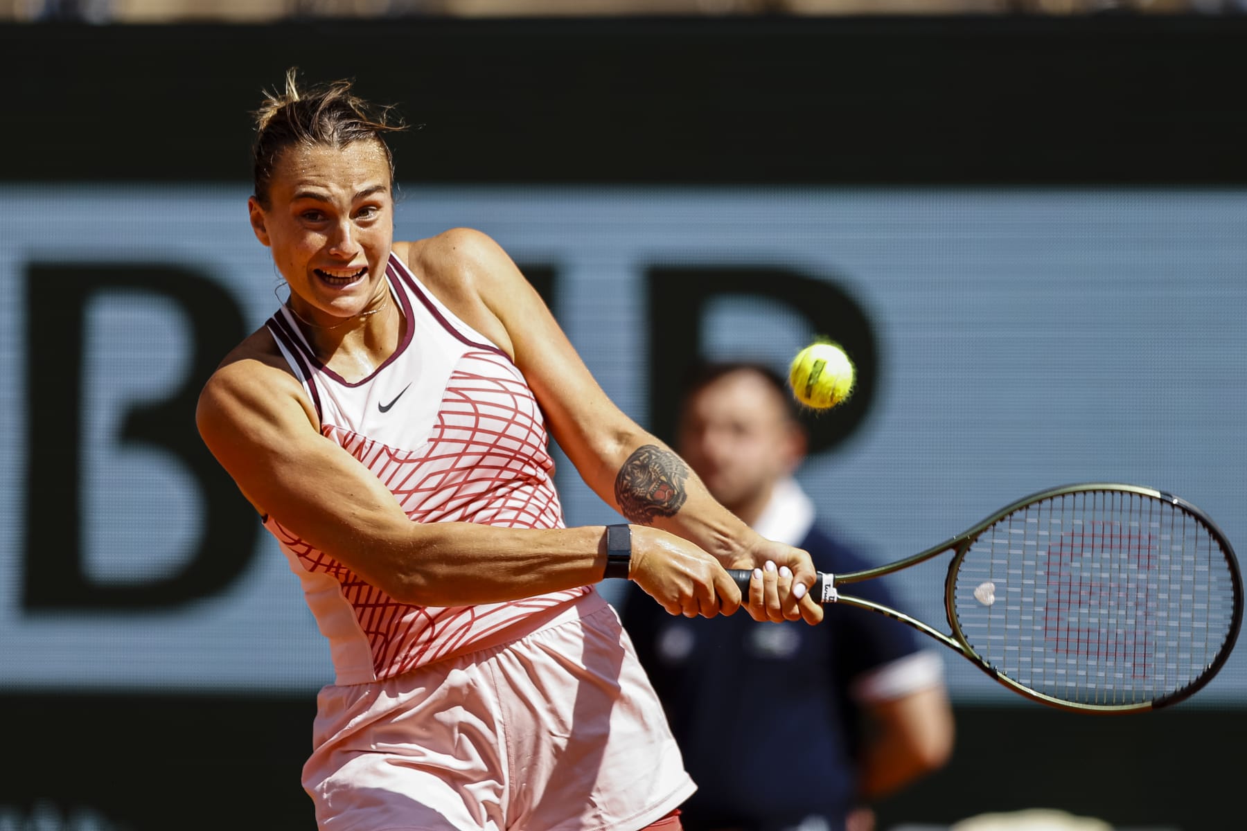 PARIS, FRANCE - MAY 28: Aryna Sabalenka player a backhand against Marta Kostyuk of Ukraine during the Day One of French Open Roland-Garros on May 28, 2023 in Paris, France. (Photo by Antonio Borga/Eurasia Sport Images/Getty Images)