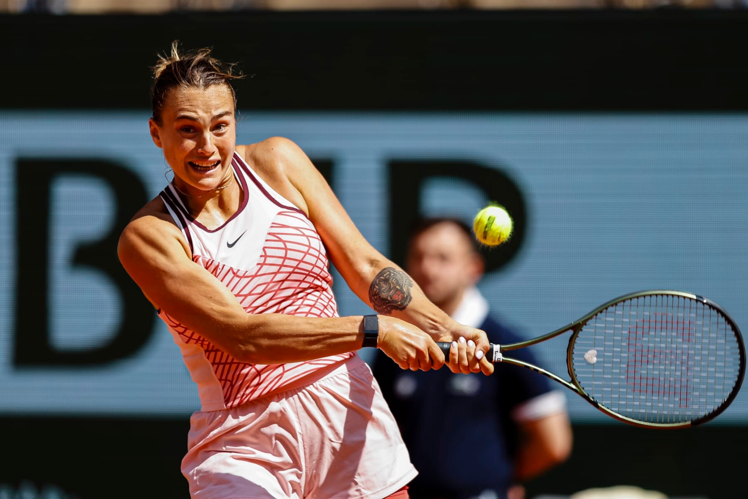 PARIS, FRANCE - MAY 28: Aryna Sabalenka player a backhand against Marta Kostyuk of Ukraine during the Day One of French Open Roland-Garros on May 28, 2023 in Paris, France. (Photo by Antonio Borga/Eurasia Sport Images/Getty Images)