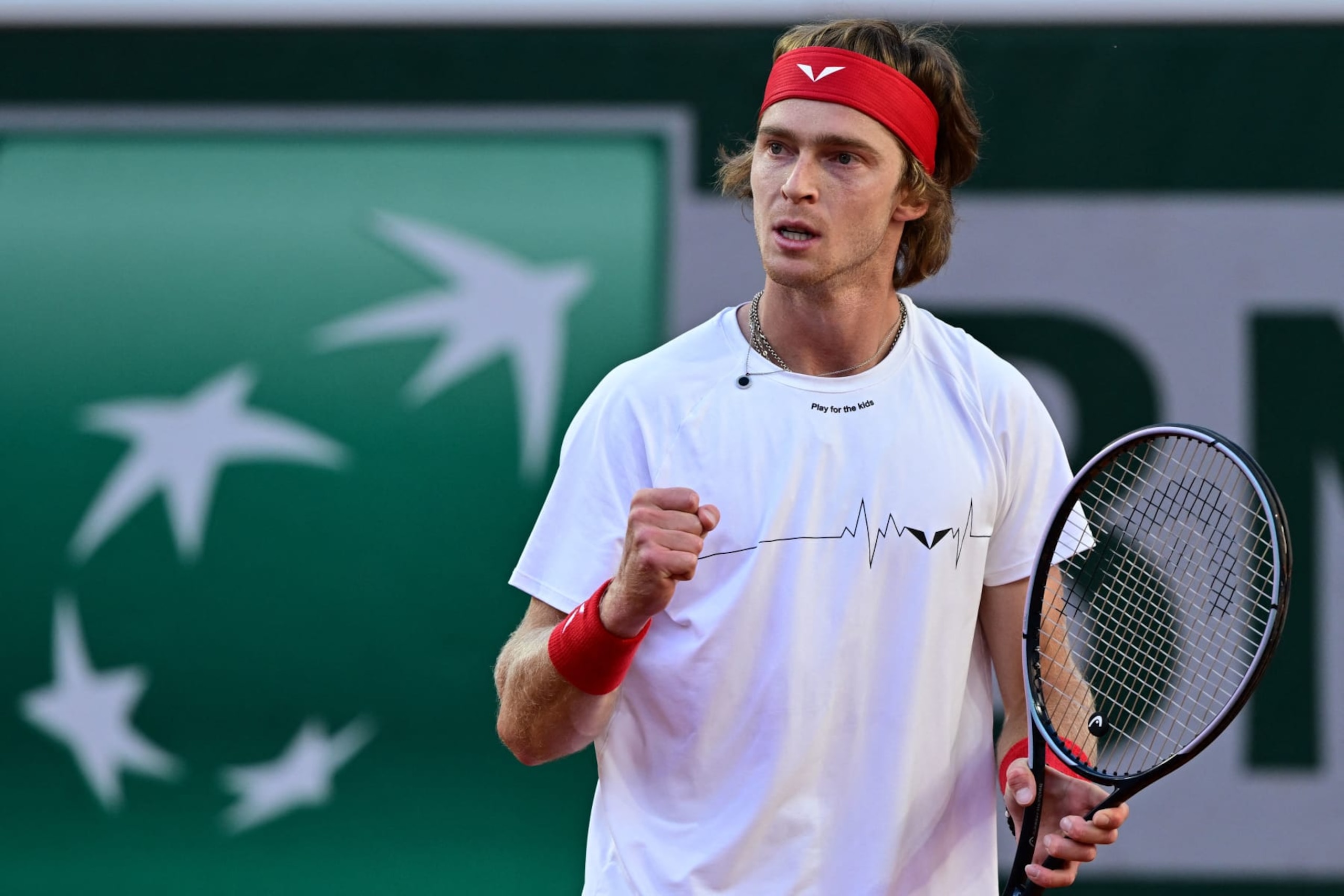 Russia's Andrey Rublev reacts after a point to Serbia's Laslo Djere during their men's singles match on day one of the Roland-Garros Open tennis tournament at the Court Suzanne-Lenglen in Paris on May 28, 2023. (Photo by Emmanuel DUNAND / AFP) (Photo by EMMANUEL DUNAND/AFP via Getty Images)