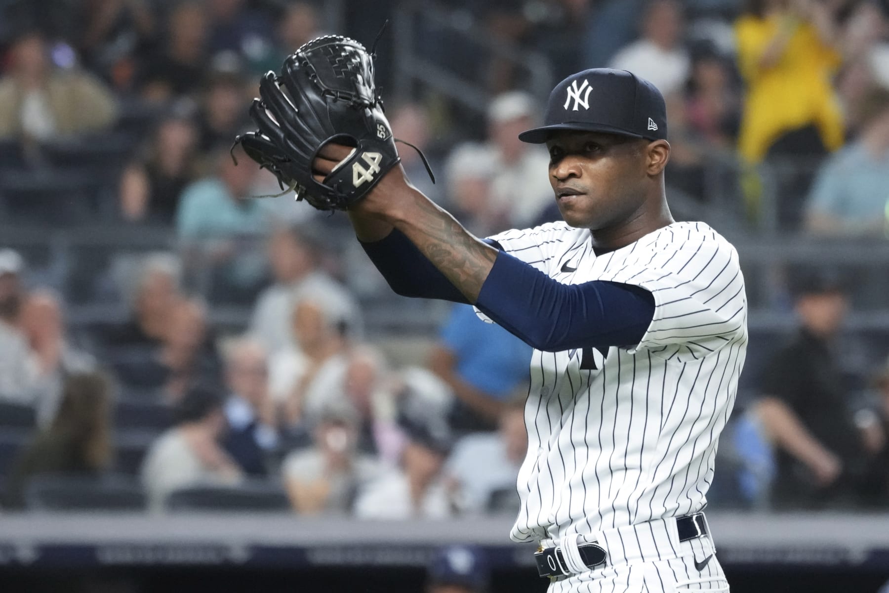 New York Yankees pitcher Domingo German gestures o fans as he leaves the field after being removed during the sixth inning of the team's baseball game against the Tampa Bay Rays, Thursday, May 11, 2023, in New York. (AP Photo/Mary Altaffer) New York Yankees pitcher Domingo German gestures o fans as he leaves the field after being removed during the sixth inning of the team's baseball game against the Tampa Bay Rays, Thursday, May 11, 2023, in New York. (AP Photo/Mary Altaffer)