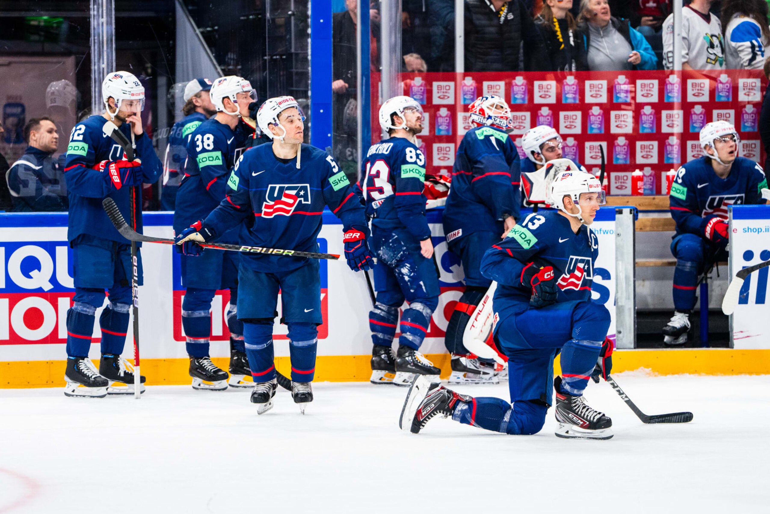 TAMPERE, FINLAND - MAY 28: Team USA defeated by Latvia during the 2023 IIHF Ice Hockey World Championship Finland - Latvia game between USA and Latvia at Nokia Arena on May 28, 2023 in Tampere, Finland. (Photo by Jari Pestelacci/Eurasia Sport Images/Getty Images) TAMPERE, FINLAND - MAY 28: Team USA defeated by Latvia during the 2023 IIHF Ice Hockey World Championship Finland - Latvia game between USA and Latvia at Nokia Arena on May 28, 2023 in Tampere, Finland. (Photo by Jari Pestelacci/Eurasia Sport Images/Getty Images)