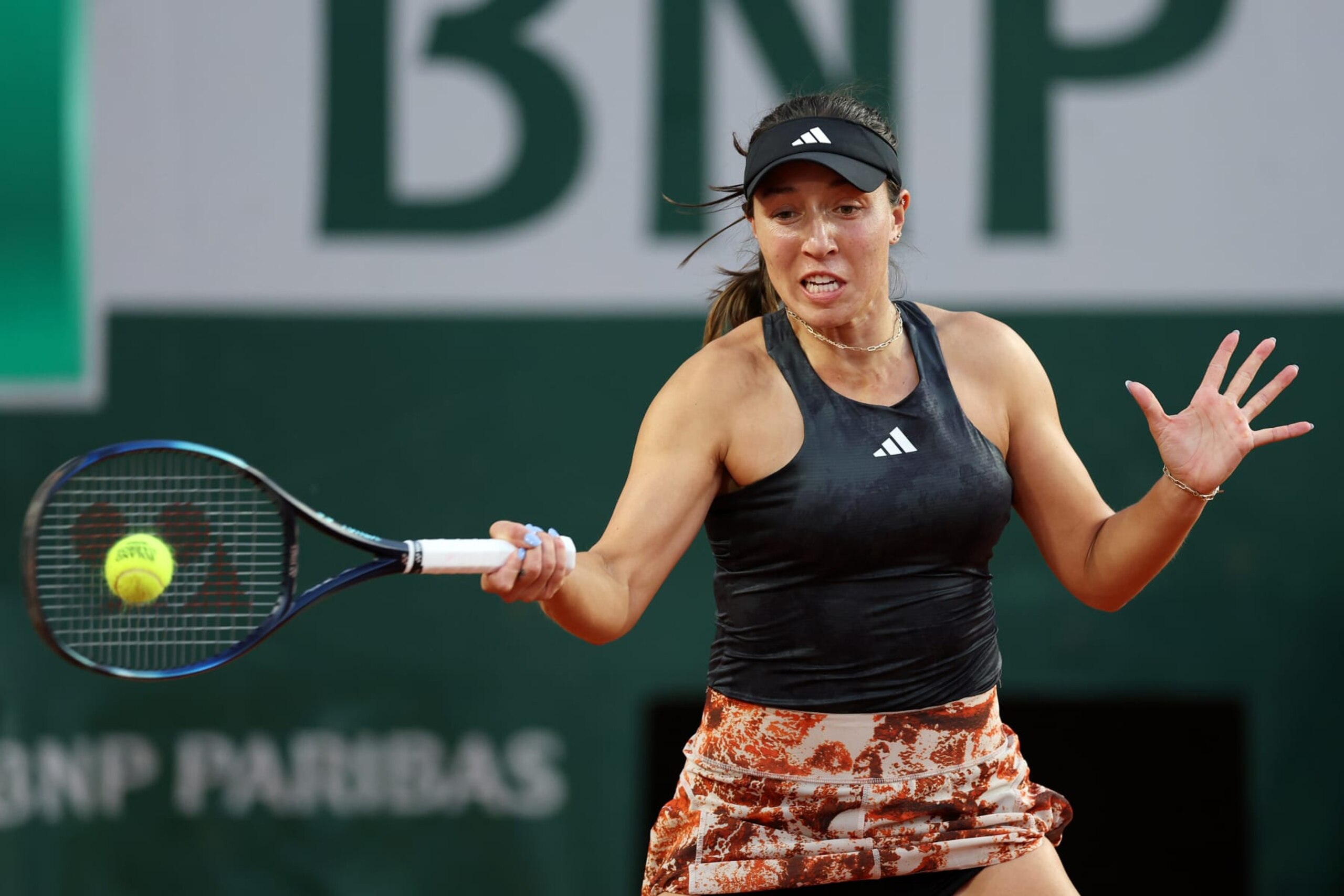 PARIS, FRANCE - MAY 28: Jessica Pegula of United States plays a forehand against Danielle Collins of United States during their Women's Singles First Round match on Day One of the 2023 French Open at Roland Garros on May 28, 2023 in Paris, France. (Photo by Julian Finney/Getty Images)
