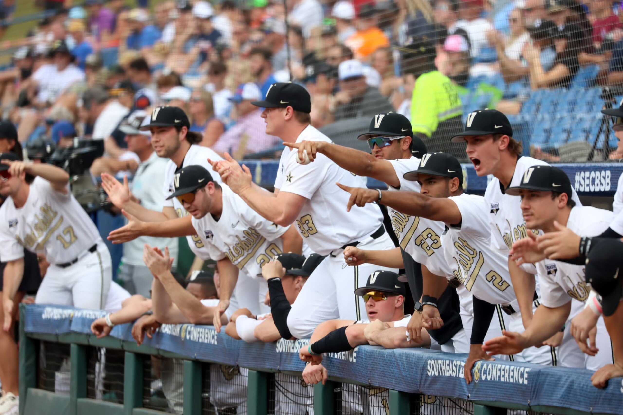 HOOVER, AL - MAY 27: Vanderbilt Commodores react to an early run during the 2023 SEC Baseball Tournament game between the Florida Gators and the Vanderbilt Commodores on May 27, 2023 at Hoover Metropolitan Stadium in Hoover, Alabama. (Photo by Michael Wade/Icon Sportswire via Getty Images) HOOVER, AL - MAY 27: Vanderbilt Commodores react to an early run during the 2023 SEC Baseball Tournament game between the Florida Gators and the Vanderbilt Commodores on May 27, 2023 at Hoover Metropolitan Stadium in Hoover, Alabama. (Photo by Michael Wade/Icon Sportswire via Getty Images)
