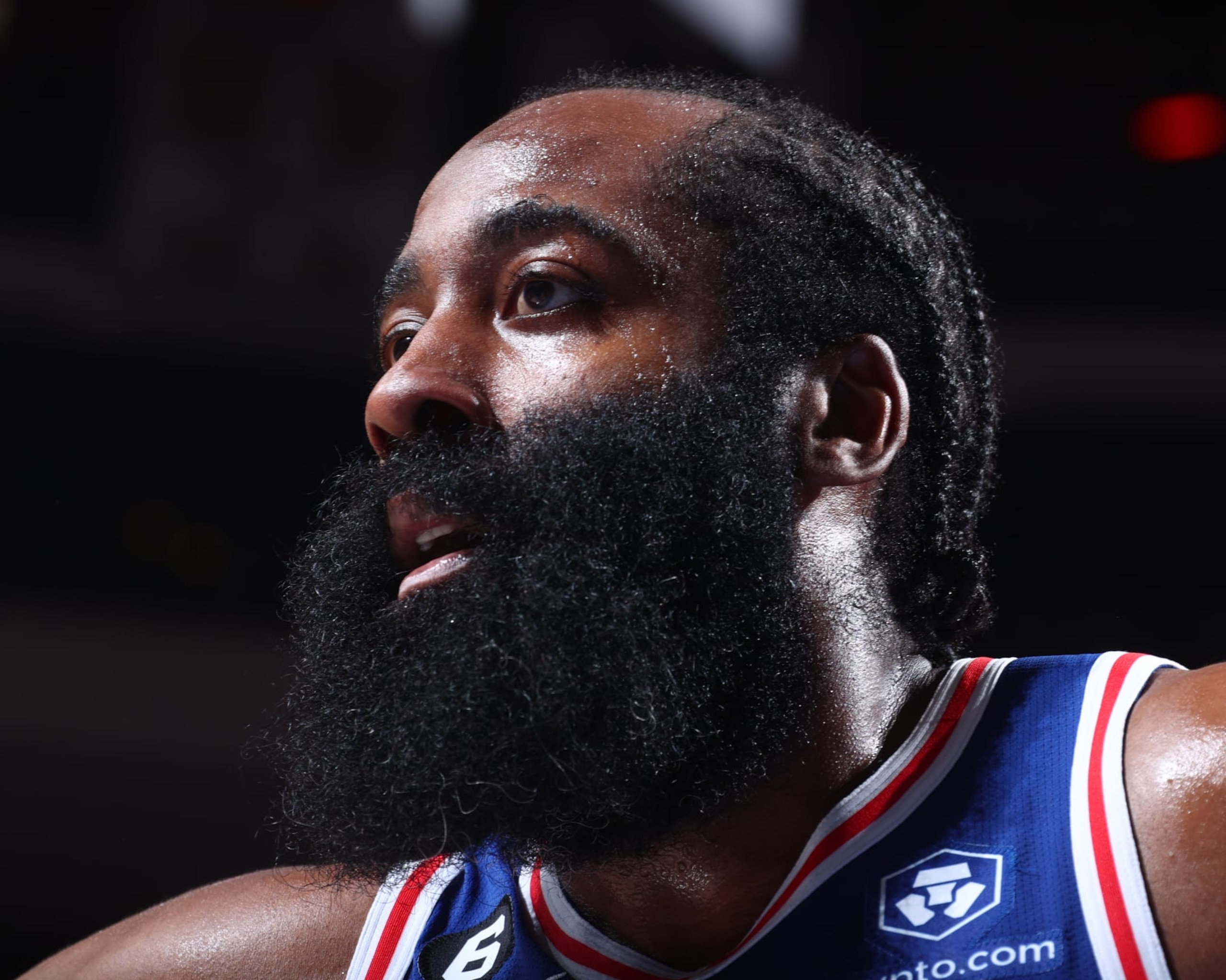 PHILADELPHIA, PA - MAY 11:  James Harden #1 of the Philadelphia 76ers looks on during the game during round two game six of the 2023 NBA Playoffs on on May 11, 2023 at the Wells Fargo Center in Philadelphia, Pennsylvania NOTE TO USER: User expressly acknowledges and agrees that, by downloading and/or using this Photograph, user is consenting to the terms and conditions of the Getty Images License Agreement. Mandatory Copyright Notice: Copyright 2023 NBAE (Photo by Nathaniel S. Butler/NBAE via Getty Images)