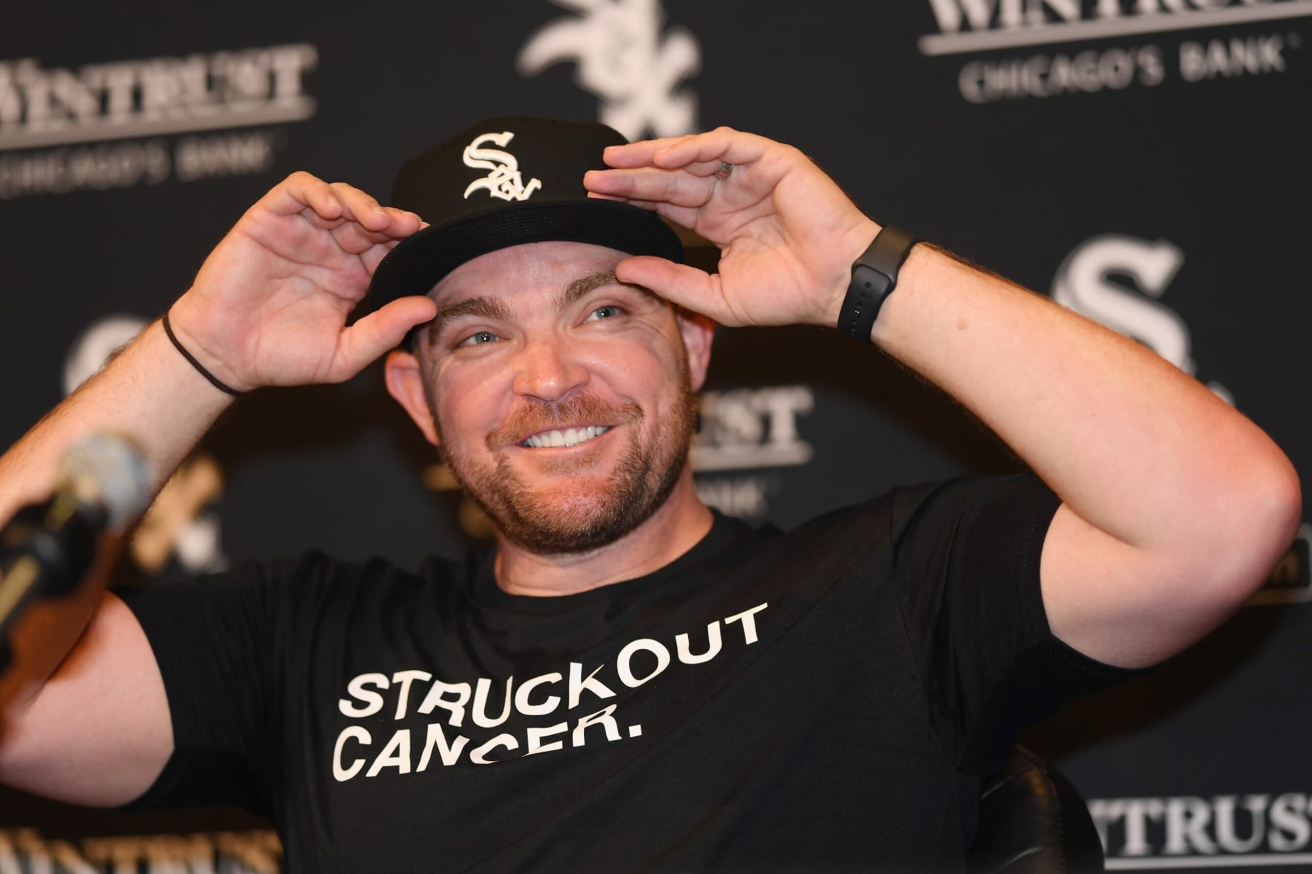 CHICAGO, ILLINOIS - MAY 03: Liam Hendriks of the Chicago White Sox takes questions from reporters before the game against the Tampa Bay Rays at Guaranteed Rate Field on May 03, 2023 in Chicago, Illinois. Hendriks spoke publicly for the first time about his battle with non-Hodgkin’s lymphoma and his return to the White Sox. (Photo by Quinn Harris/Getty Images)