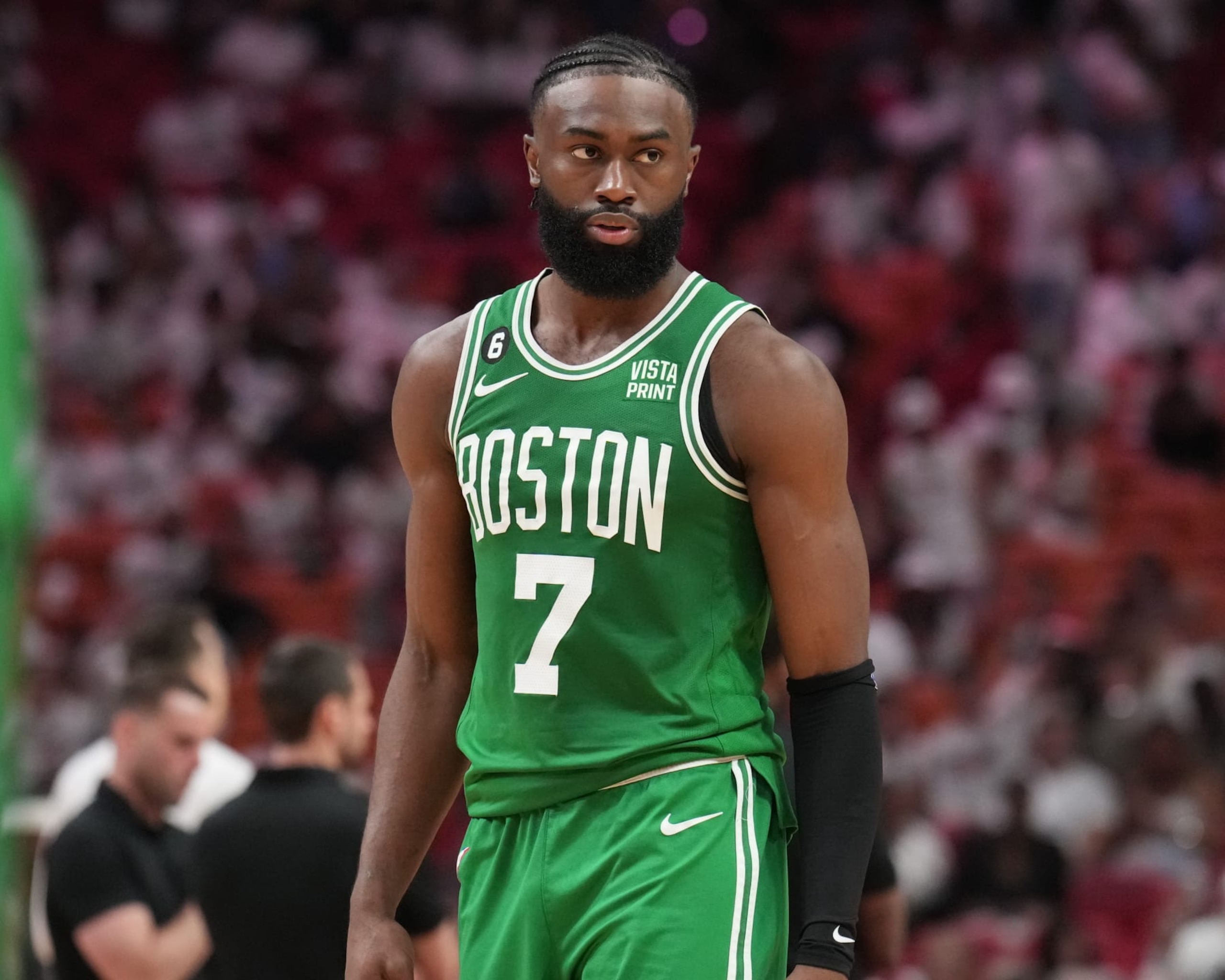 MIAMI, FL - MAY 27: Jaylen Brown #7 of the Boston Celtics looks on during Game Six of the Eastern Conference Finals against the Miami Heat on May 27, 2023 at the Kaseya Center in Miami, Florida. NOTE TO USER: User expressly acknowledges and agrees that, by downloading and or using this Photograph, user is consenting to the terms and conditions of the Getty Images License Agreement. Mandatory Copyright Notice: Copyright 2023 NBAE (Photo by Jesse D. Garrabrant/NBAE via Getty Images)