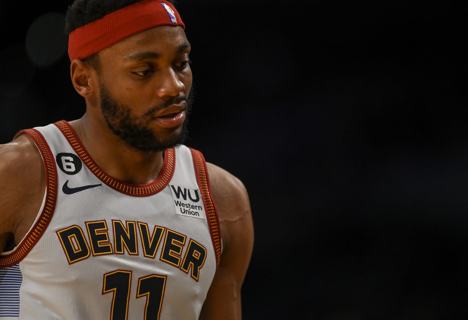 LOS ANGELES, CA - MAY 22: Bruce Brown (11) of the Denver Nuggets becomes frustrated as he heads to the bench during the fourth quarter of the Nuggets' 113-111 Western Conference finals game 4 win over the Los Angeles Lakers at Crypto.com Arena in Los Angeles on Monday, May 22, 2023. The Nuggets swept the best-of-seven series 4-0 to advance to their first NBA Finals in franchise history. (Photo by AAron Ontiveroz/The Denver Post)
