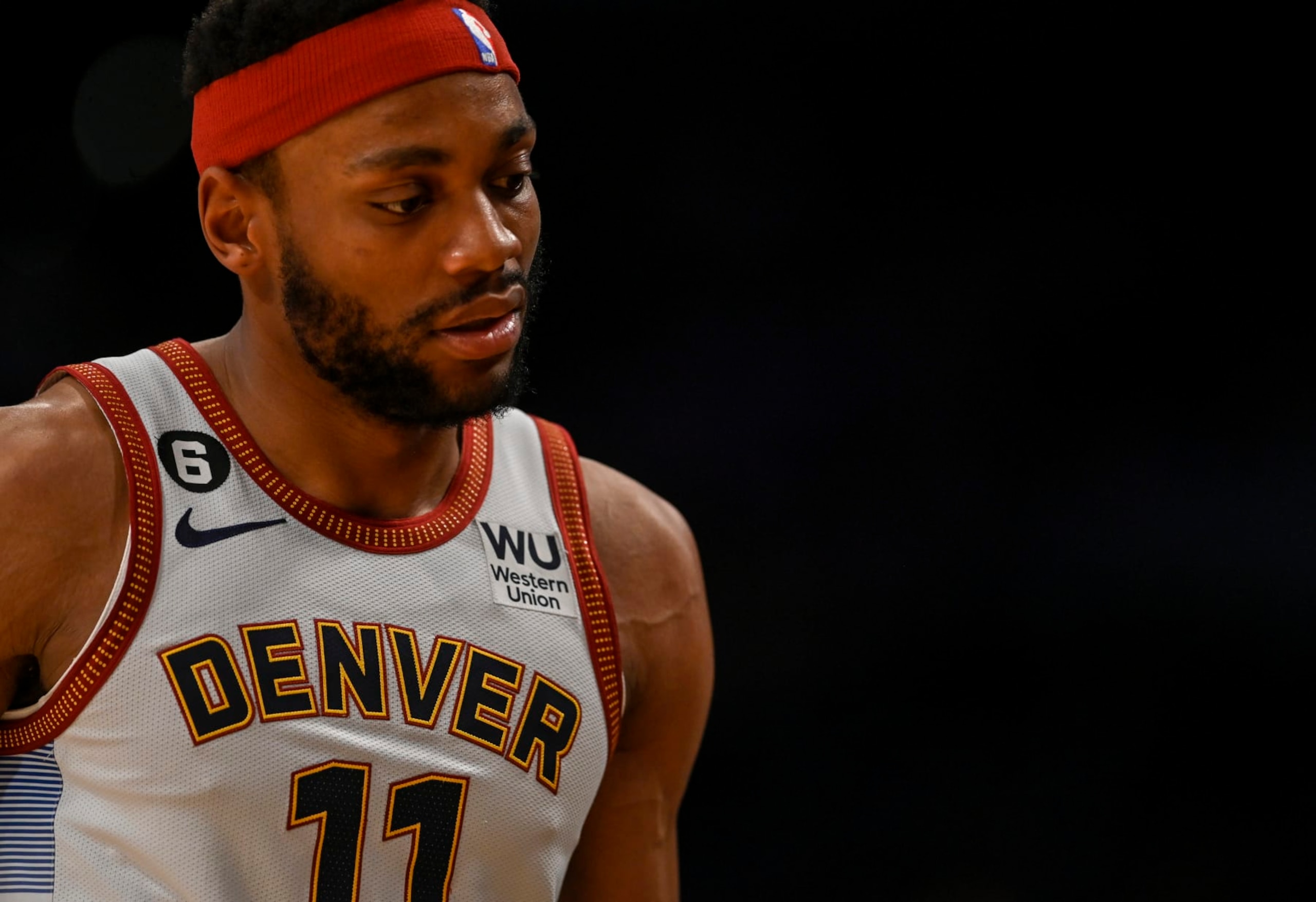 LOS ANGELES, CA - MAY 22: Bruce Brown (11) of the Denver Nuggets becomes frustrated as he heads to the bench during the fourth quarter of the Nuggets' 113-111 Western Conference finals game 4 win over the Los Angeles Lakers at Crypto.com Arena in Los Angeles on Monday, May 22, 2023. The Nuggets swept the best-of-seven series 4-0 to advance to their first NBA Finals in franchise history. (Photo by AAron Ontiveroz/The Denver Post)