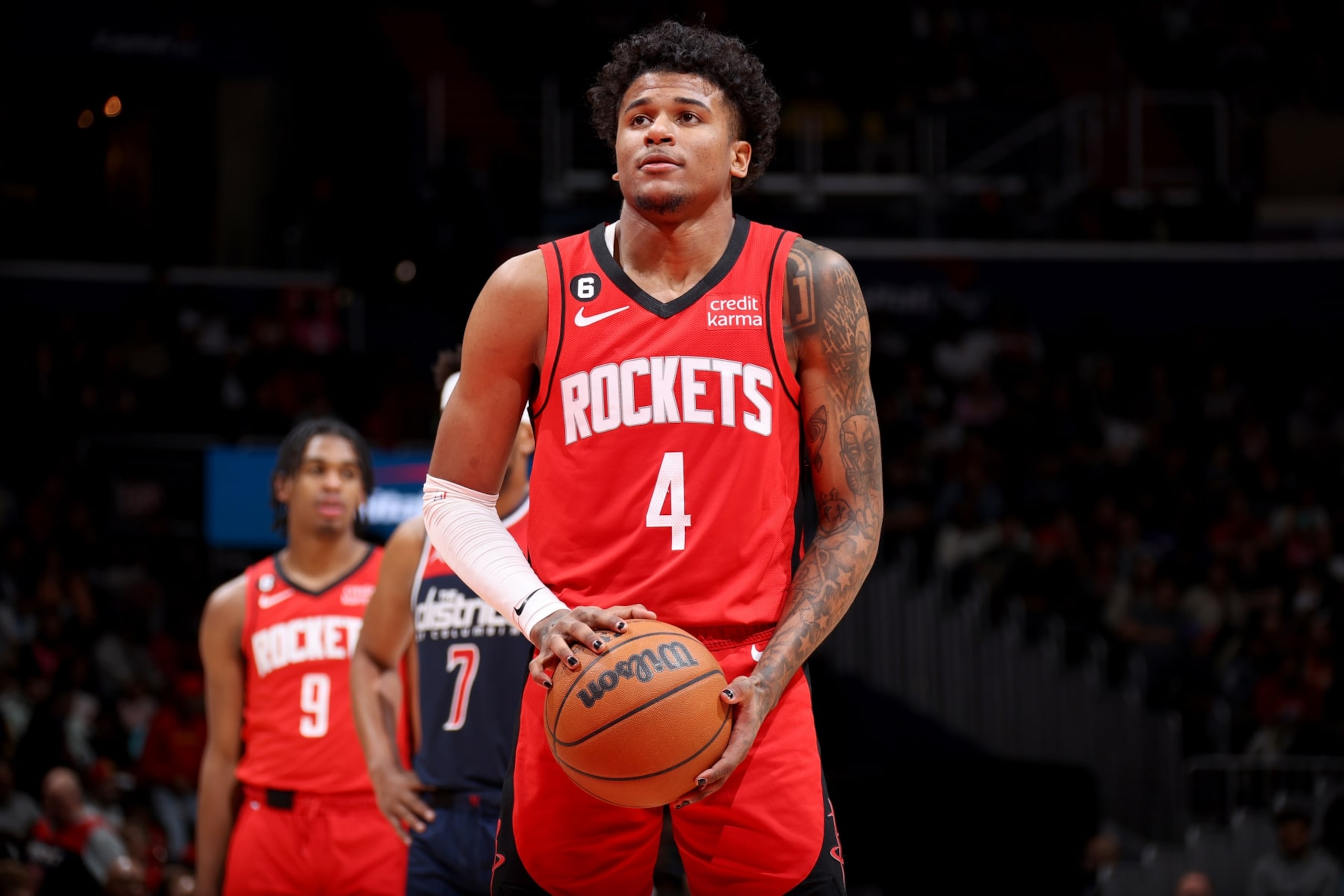 WASHINGTON, DC -  APRIL 9: Jalen Green #4 of the Houston Rockets prepares to shoot a free throw against the Washington Wizards  on April 9, 2023 at Capital One Arena in Washington, DC. NOTE TO USER: User expressly acknowledges and agrees that, by downloading and or using this Photograph, user is consenting to the terms and conditions of the Getty Images License Agreement. Mandatory Copyright Notice: Copyright 2023 NBAE (Photo by Stephen Gosling/NBAE via Getty Images)