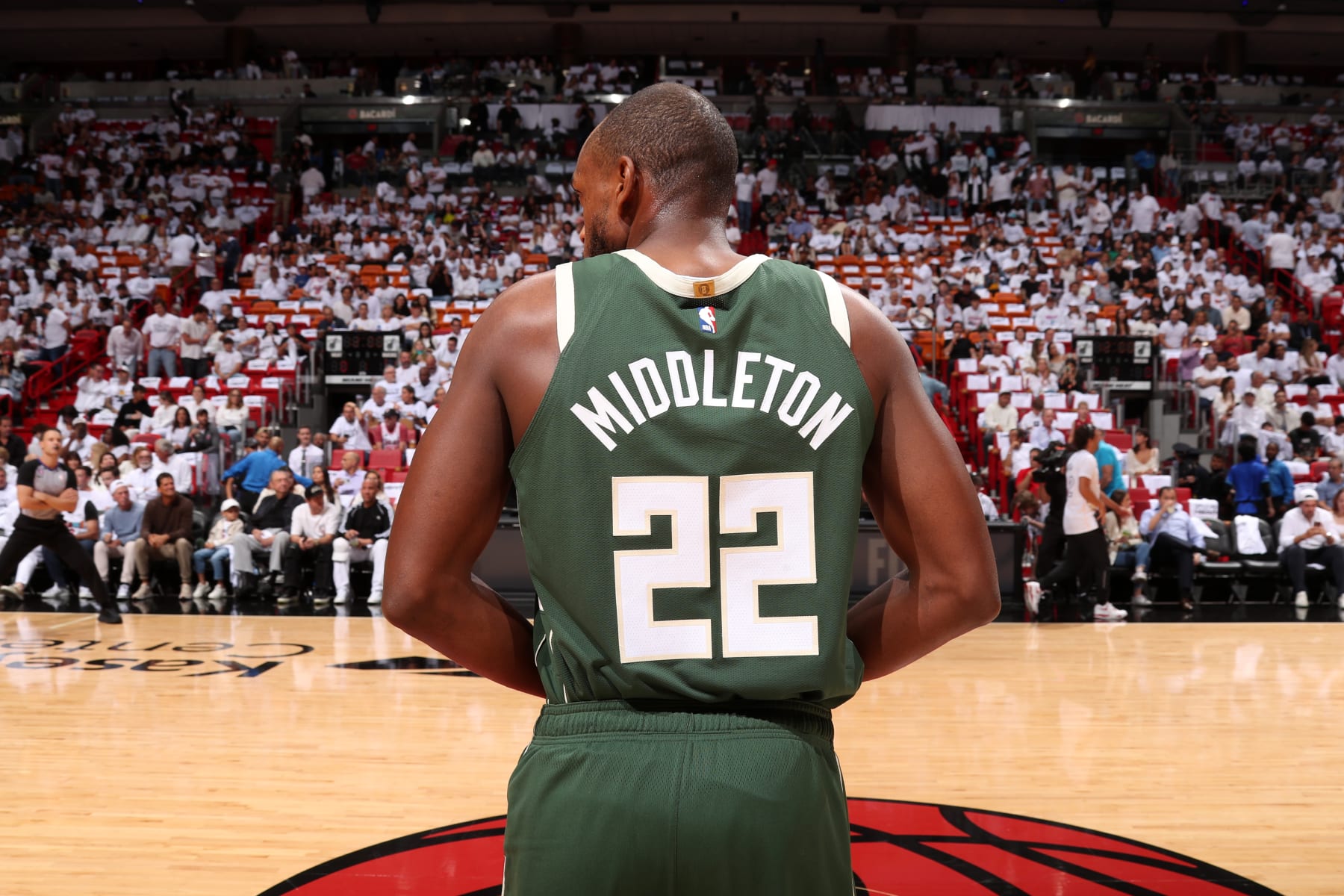 MIAMI, FL - APRIL 24:  Khris Middleton #22 of the Milwaukee Bucks walks on to the court before the game against the Miami Heat during Round 1 Game 4 of the 2023 NBA Playoffs on April 24, 2023 at FTX Arena in Miami, Florida. NOTE TO USER: User expressly acknowledges and agrees that, by downloading and or using this Photograph, user is consenting to the terms and conditions of the Getty Images License Agreement. Mandatory Copyright Notice: Copyright 2023 NBAE (Photo by Issac Baldizon/NBAE via Getty Images)