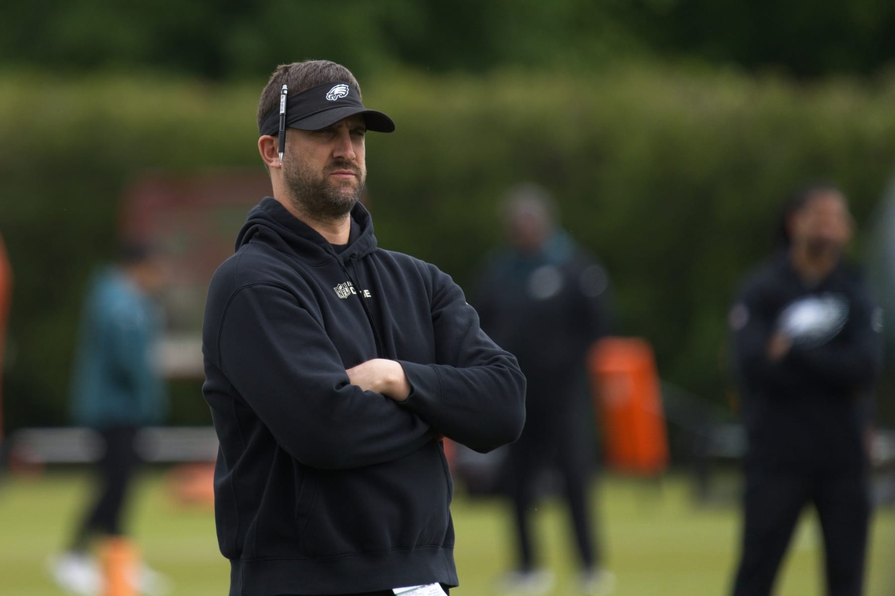 PHILADELPHIA, PA - MAY 05: Philadelphia Eagles head coach Nick Sirianni looks on during Philadelphia Eagles rookie mini training camp on May 5, 2023 at the Novacare Training Complex in Philadelphia, PA. (Photo by Andy Lewis/Icon Sportswire via Getty Images)