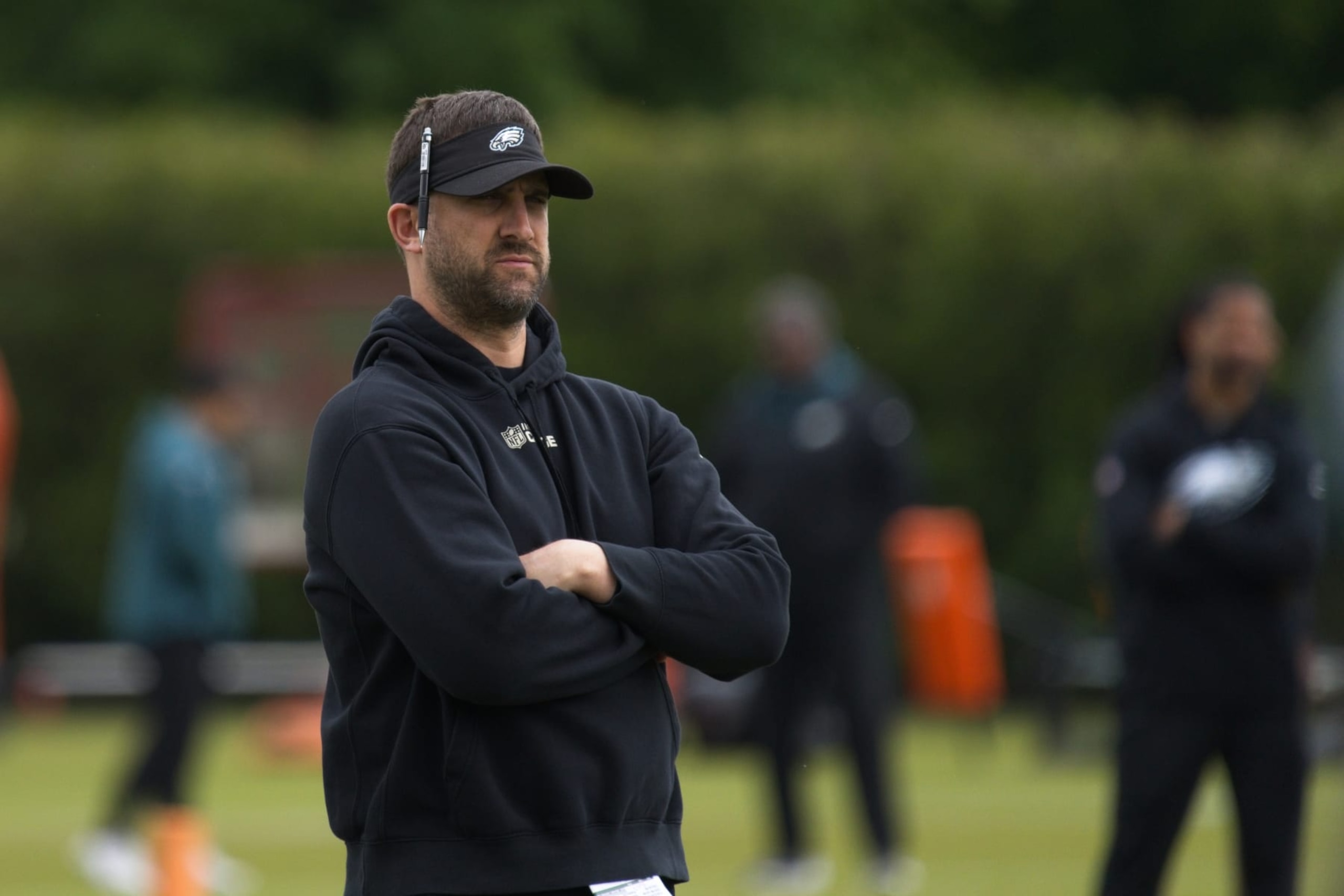 PHILADELPHIA, PA - MAY 05: Philadelphia Eagles head coach Nick Sirianni looks on during Philadelphia Eagles rookie mini training camp on May 5, 2023 at the Novacare Training Complex in Philadelphia, PA. (Photo by Andy Lewis/Icon Sportswire via Getty Images)