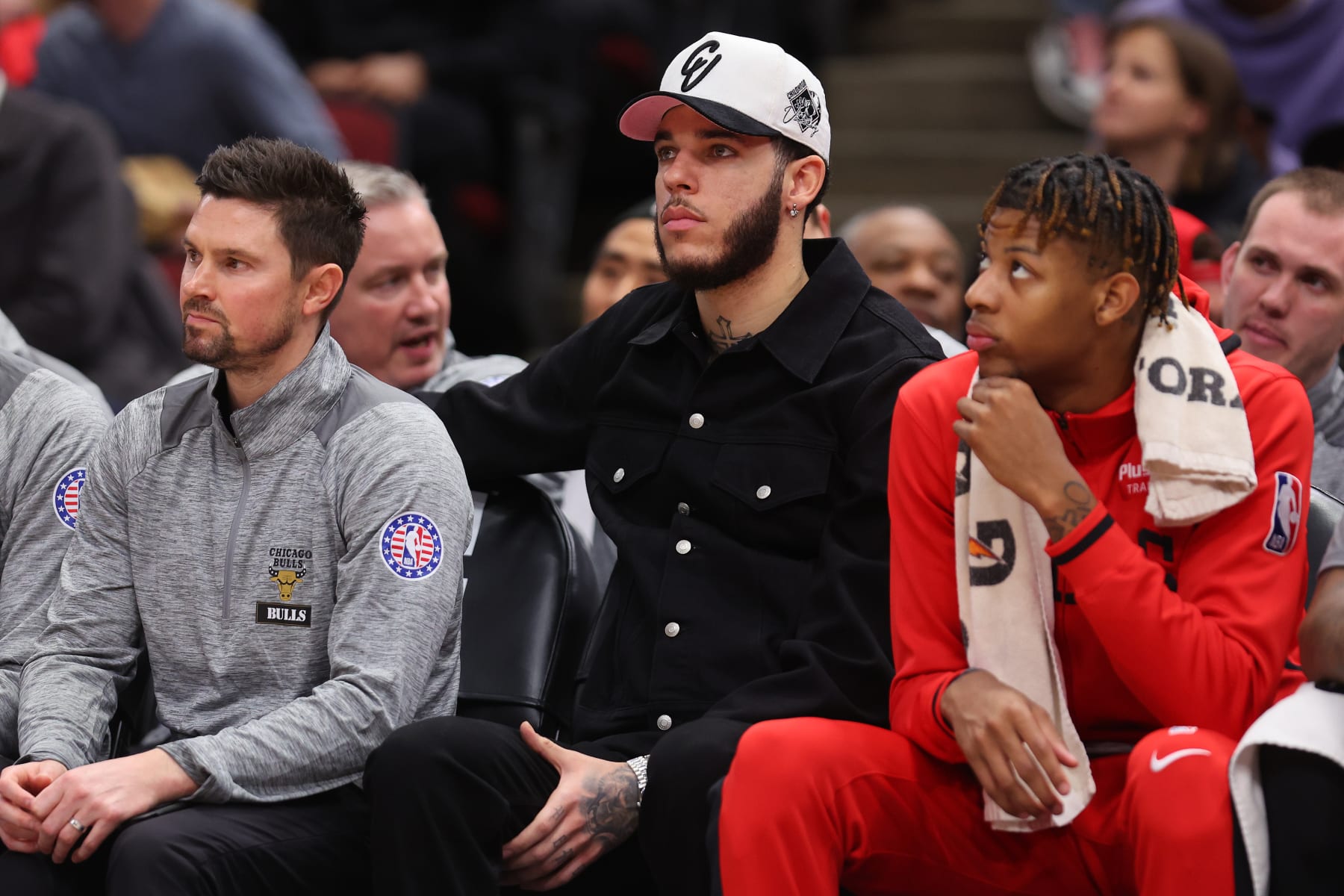 CHICAGO, ILLINOIS - NOVEMBER 09: Lonzo Ball #2 of the Chicago Bulls looks on from the bench against the New Orleans Pelicans during the first half at United Center on November 09, 2022 in Chicago, Illinois. NOTE TO USER: User expressly acknowledges and agrees that, by downloading and or using this photograph, User is consenting to the terms and conditions of the Getty Images License Agreement.  (Photo by Michael Reaves/Getty Images)
