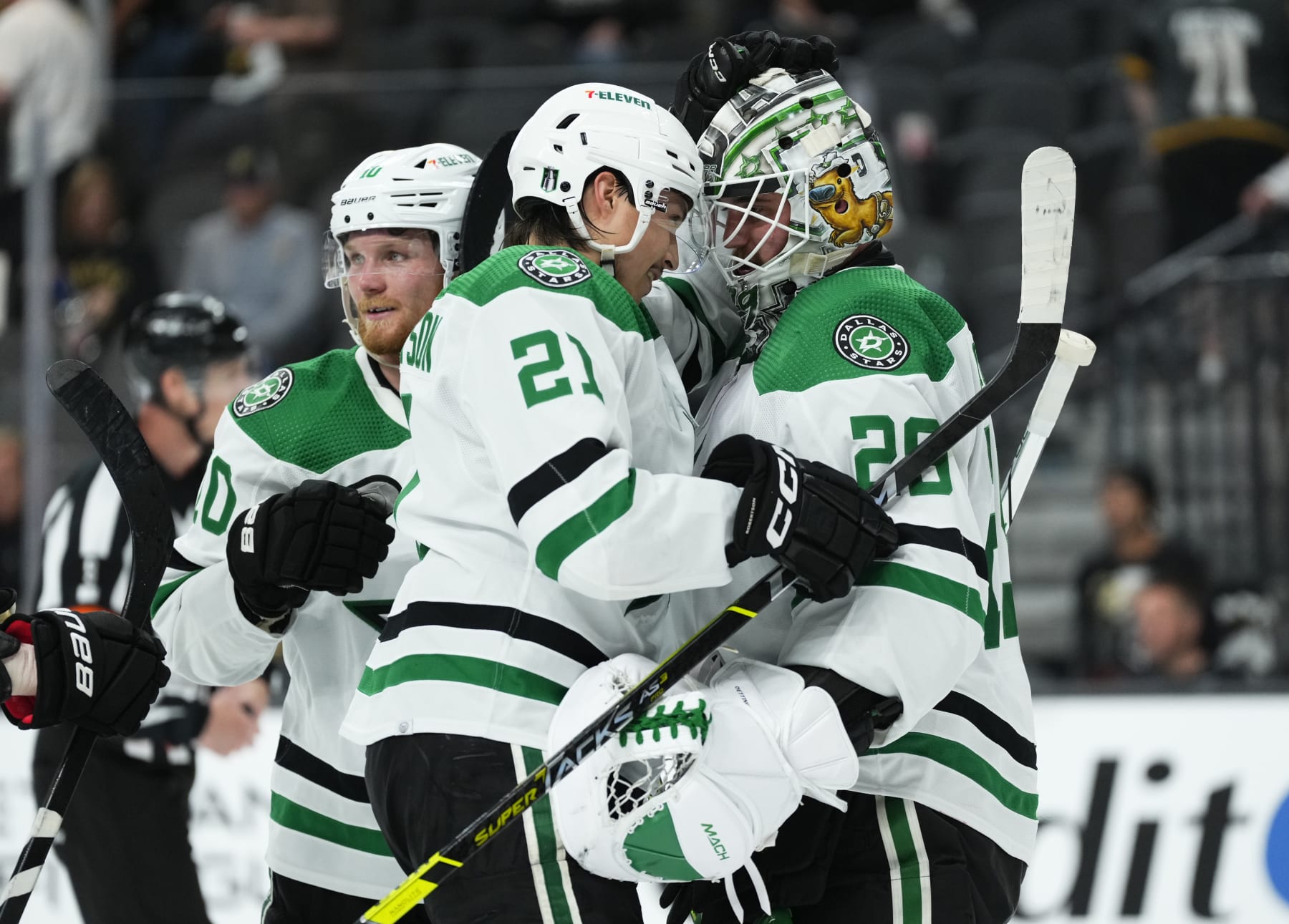 LAS VEGAS, NEVADA - MAY 27: The Dallas Stars celebrate after a 4-2 victory against the Vegas Golden Knights in Game Five of the Western Conference Final of the 2023 Stanley Cup Playoffs at T-Mobile Arena on May 27, 2023 in Las Vegas, Nevada. (Photo by Jeff Bottari/NHLI via Getty Images)