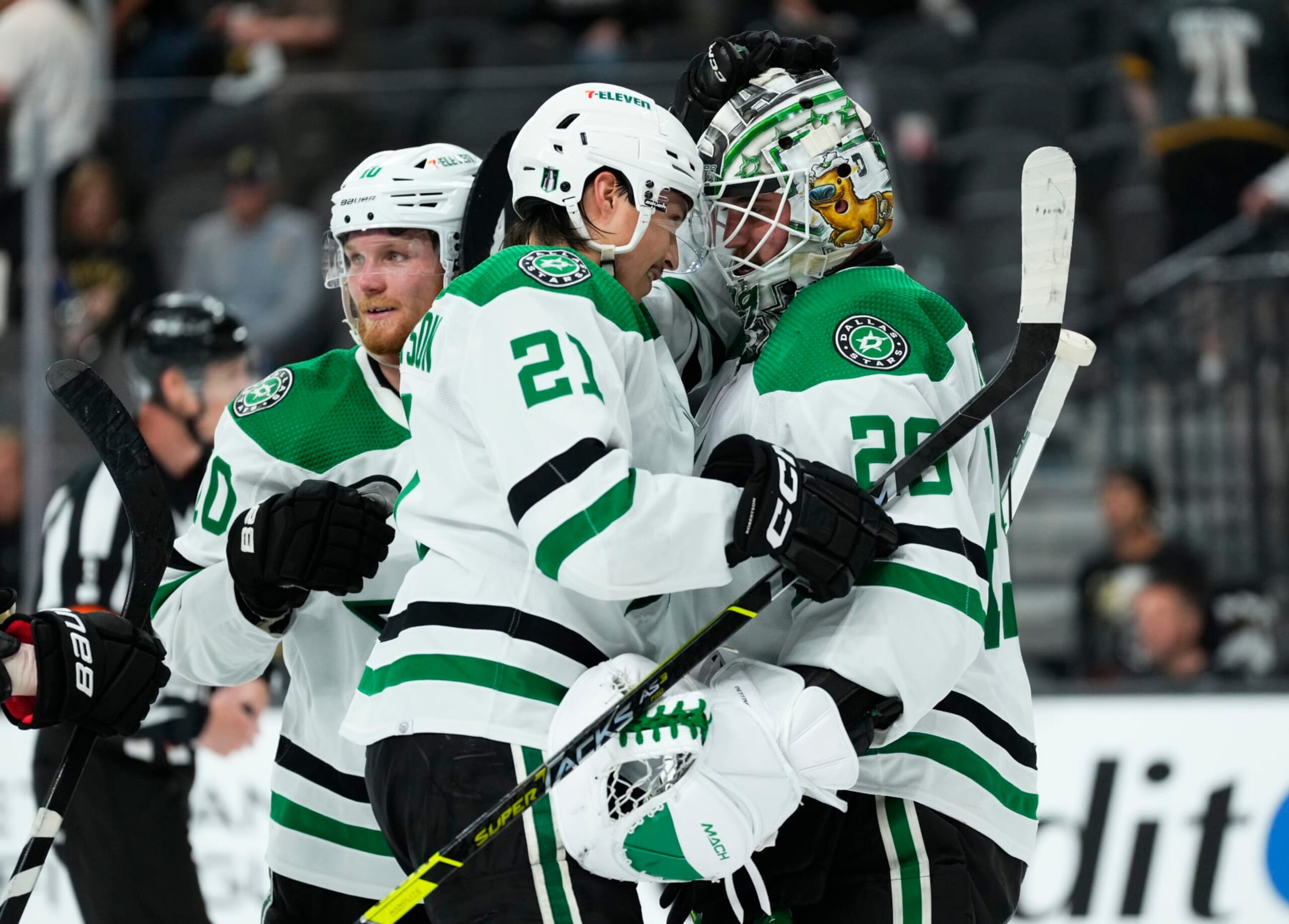 LAS VEGAS, NEVADA - MAY 27: The Dallas Stars celebrate after a 4-2 victory against the Vegas Golden Knights in Game Five of the Western Conference Final of the 2023 Stanley Cup Playoffs at T-Mobile Arena on May 27, 2023 in Las Vegas, Nevada. (Photo by Jeff Bottari/NHLI via Getty Images)