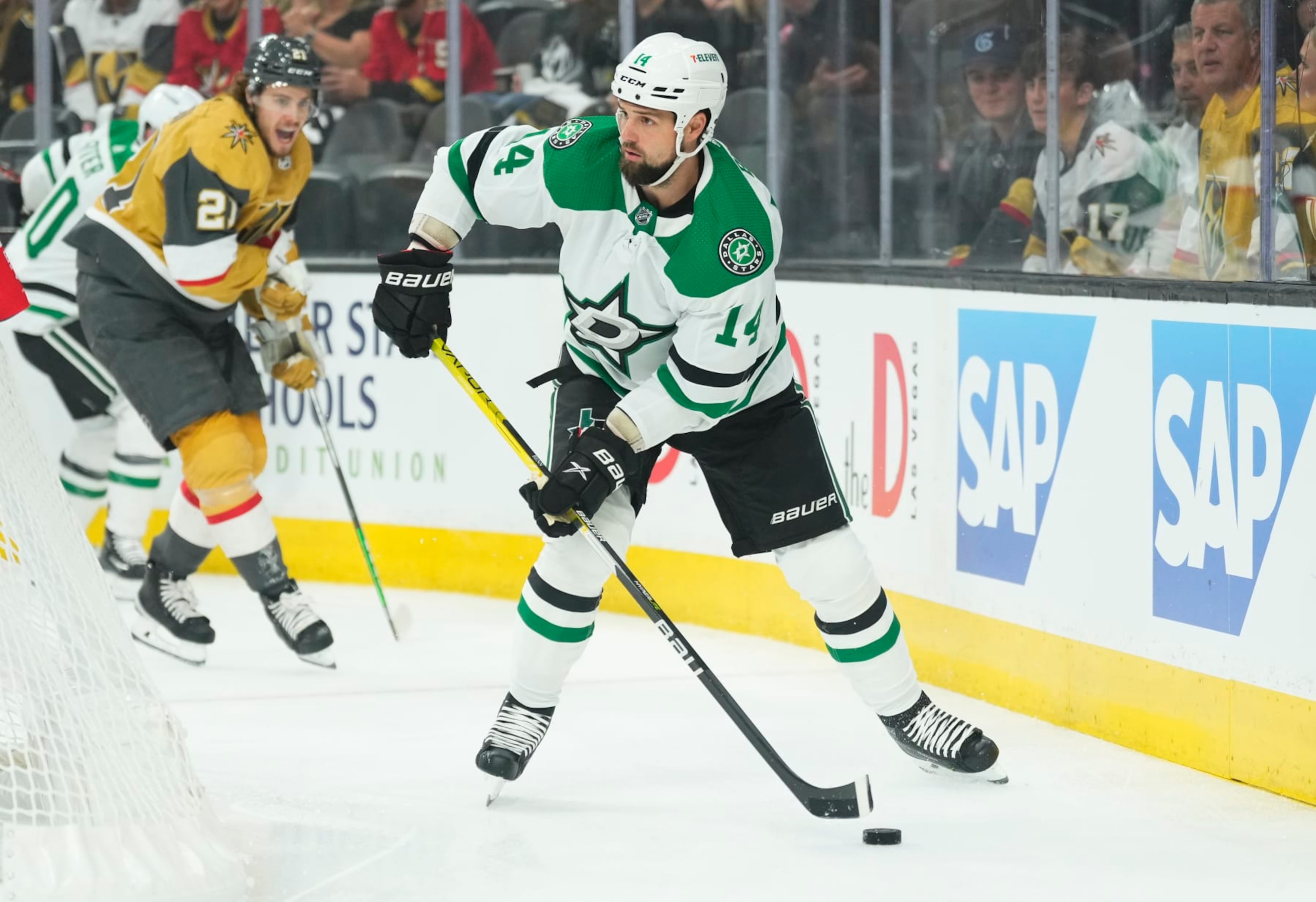 LAS VEGAS, NEVADA - MAY 19: Jamie Benn #14 of the Dallas Stars skates during the first period against the Vegas Golden Knights in Game One of the Western Conference Final of the 2023 Stanley Cup Playoffs at T-Mobile Arena on May 19, 2023 in Las Vegas, Nevada. (Photo by Jeff Bottari/NHLI via Getty Images)