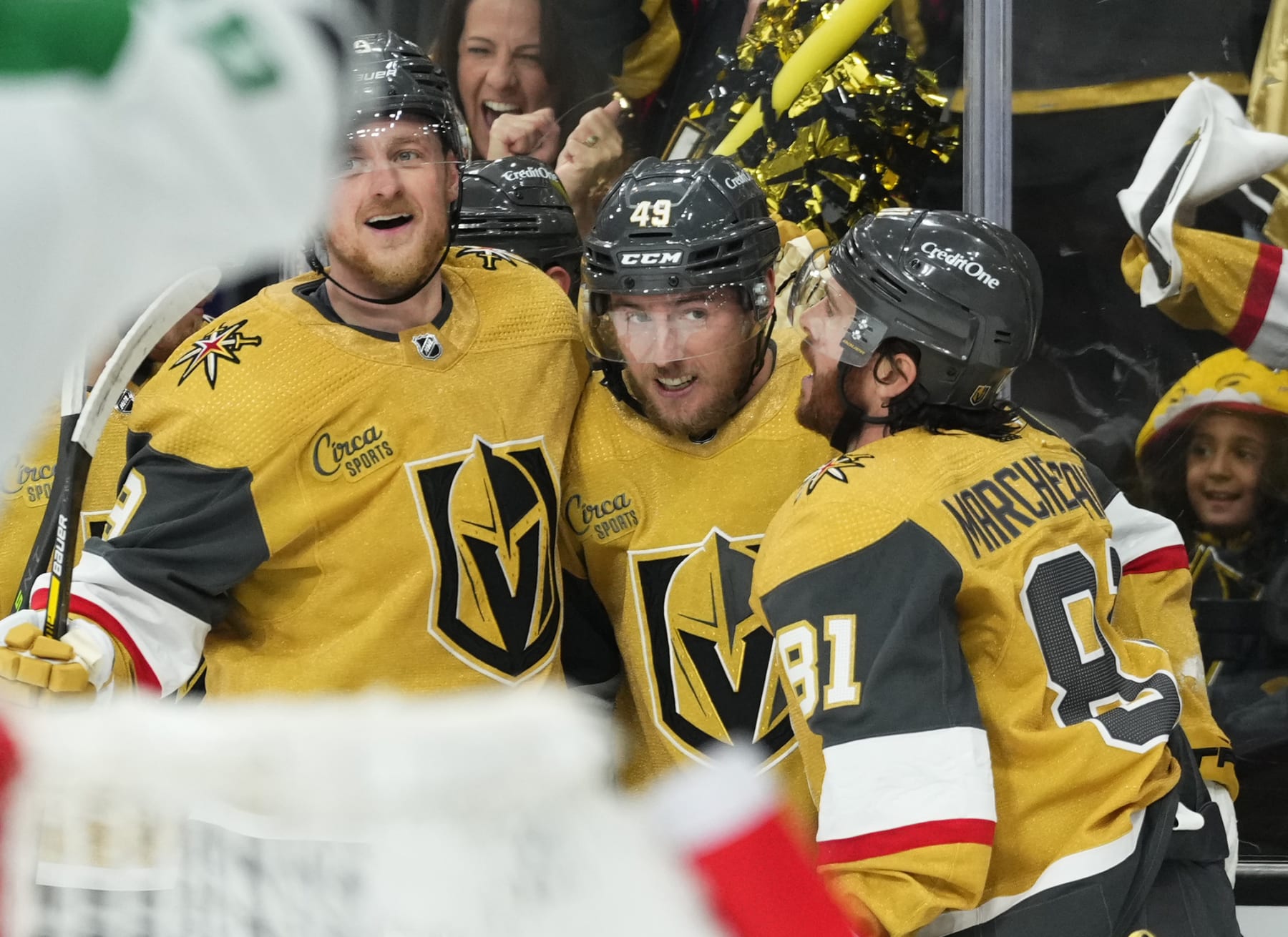 LAS VEGAS, NEVADA - MAY 27: Ivan Barbashev #49 of the Vegas Golden Knights celebrates with teammates after a goal during the first period against the Dallas Stars in Game Five of the Western Conference Final of the 2023 Stanley Cup Playoffs at T-Mobile Arena on May 27, 2023 in Las Vegas, Nevada. (Photo by Jeff Bottari/NHLI via Getty Images)