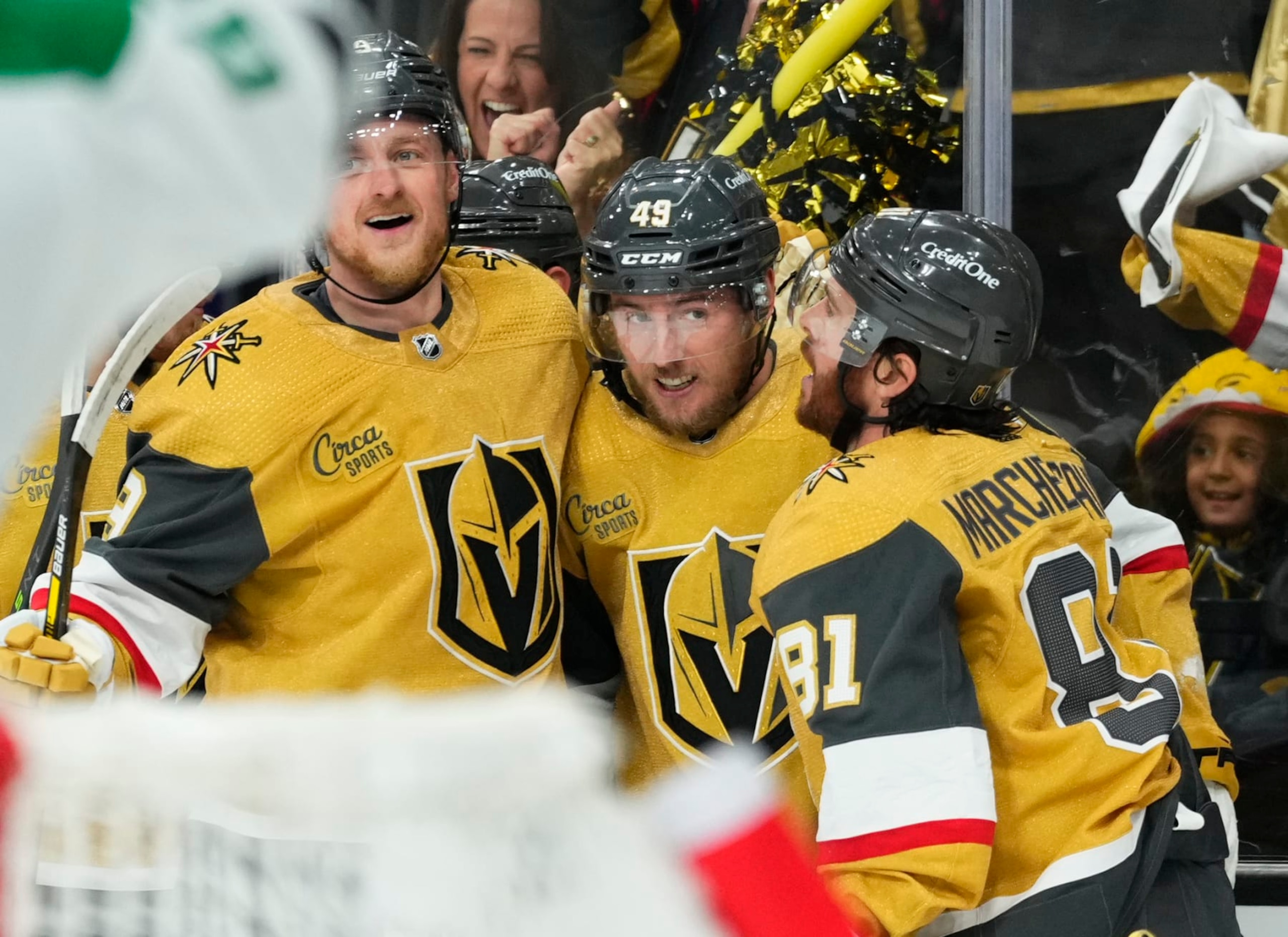LAS VEGAS, NEVADA - MAY 27: Ivan Barbashev #49 of the Vegas Golden Knights celebrates with teammates after a goal during the first period against the Dallas Stars in Game Five of the Western Conference Final of the 2023 Stanley Cup Playoffs at T-Mobile Arena on May 27, 2023 in Las Vegas, Nevada. (Photo by Jeff Bottari/NHLI via Getty Images)