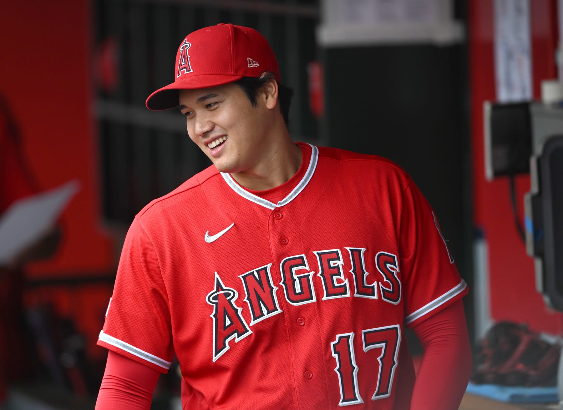 ANAHEIM, CALIFORNIA - MAY 28: Shohei Ohtani #17 of the Los Angeles Angels smiles in the dugout during the game against the Miami Marlins at Angel Stadium of Anaheim on May 28, 2023 in Anaheim, California. (Photo by Jayne Kamin-Oncea/Getty Images)