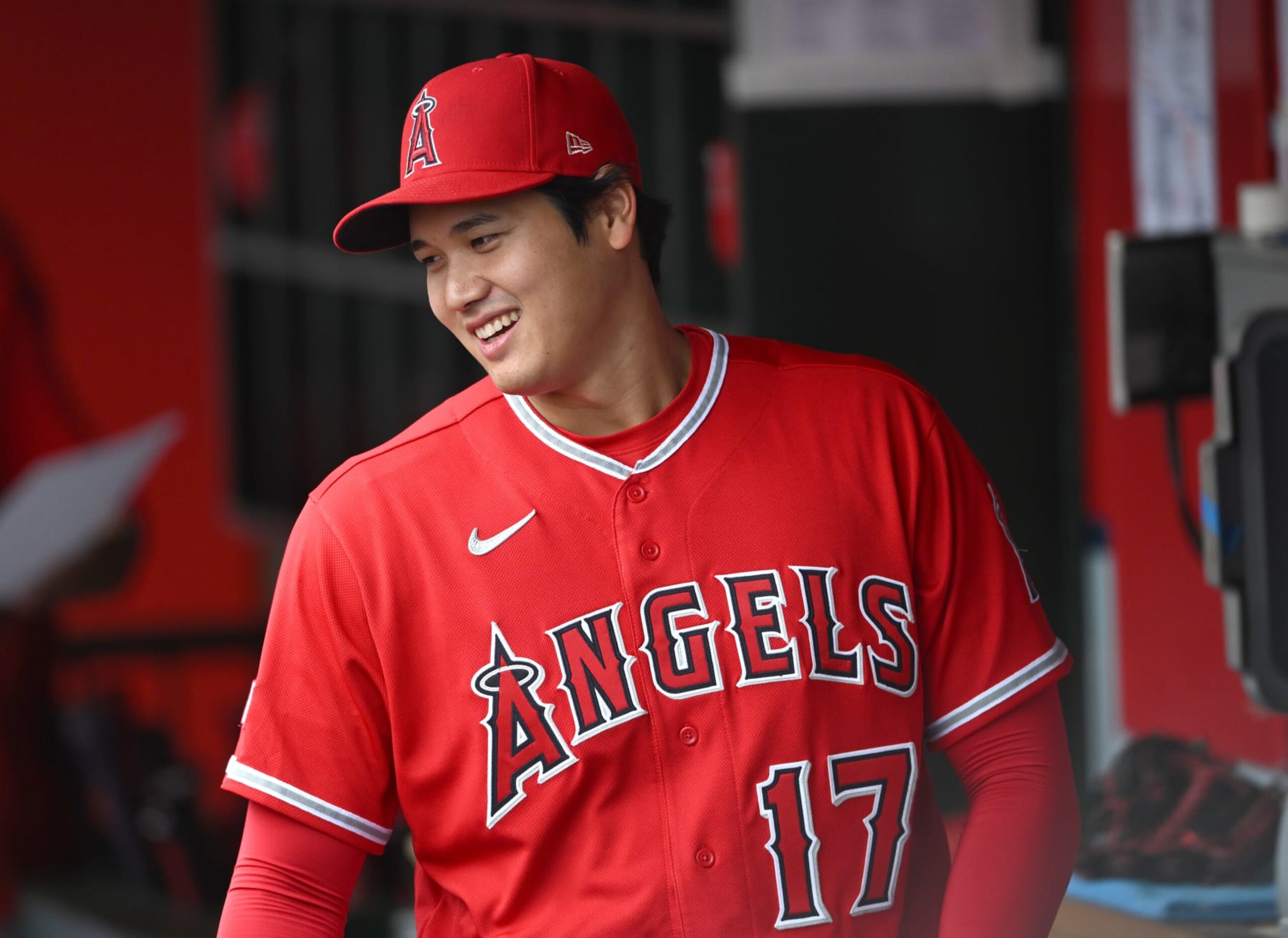 ANAHEIM, CALIFORNIA - MAY 28: Shohei Ohtani #17 of the Los Angeles Angels smiles in the dugout during the game against the Miami Marlins at Angel Stadium of Anaheim on May 28, 2023 in Anaheim, California. (Photo by Jayne Kamin-Oncea/Getty Images) ANAHEIM, CALIFORNIA - MAY 28: Shohei Ohtani #17 of the Los Angeles Angels smiles in the dugout during the game against the Miami Marlins at Angel Stadium of Anaheim on May 28, 2023 in Anaheim, California. (Photo by Jayne Kamin-Oncea/Getty Images)