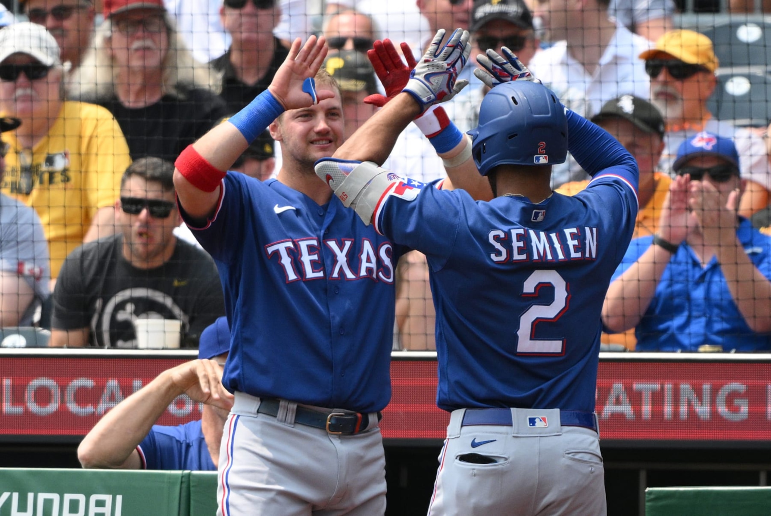 PITTSBURGH, PENNSYLVANIA - MAY 24: Marcus Semien #2 of the Texas Rangers is met at the dugout by Josh Jung #6 after hitting a solo home run in the first inning during the game against the Pittsburgh Pirates at PNC Park on May 24, 2023 in Pittsburgh, Pennsylvania. (Photo by Justin Berl/Getty Images) PITTSBURGH, PENNSYLVANIA - MAY 24: Marcus Semien #2 of the Texas Rangers is met at the dugout by Josh Jung #6 after hitting a solo home run in the first inning during the game against the Pittsburgh Pirates at PNC Park on May 24, 2023 in Pittsburgh, Pennsylvania. (Photo by Justin Berl/Getty Images)