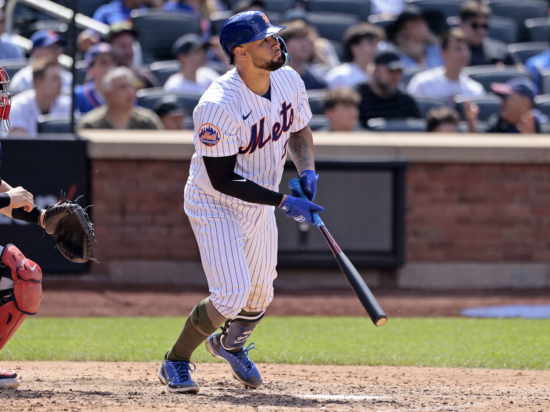 NEW YORK, NEW YORK - MAY 21: Gary Sanchez #33 of the New York Mets watches his RBI sacrifice fly during the bottom of the sixth inning in game one of a doubleheader against the Cleveland Guardians at Citi Field on May 21, 2023 in New York City. The Mets defeated the Guardians 5-4. (Photo by Christopher Pasatieri/Getty Images)