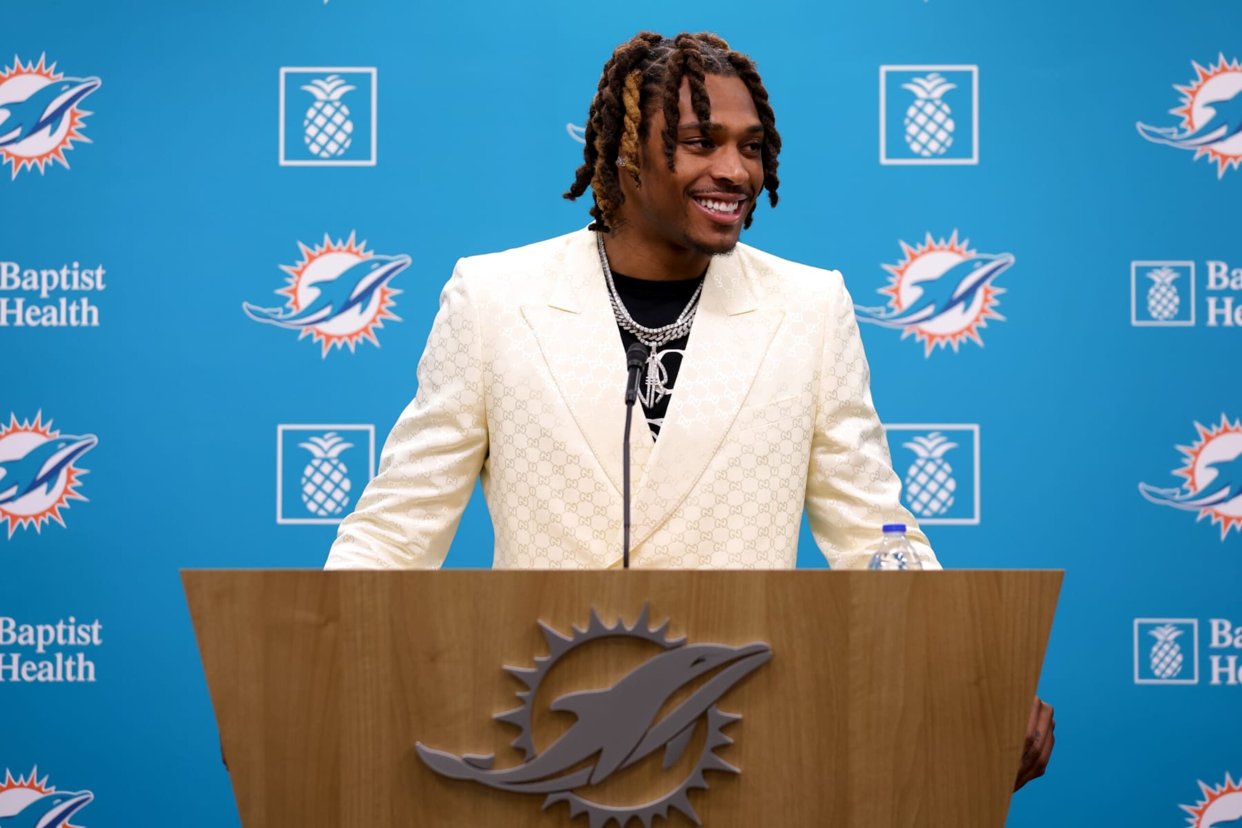 MIAMI GARDENS, FLORIDA - MARCH 16: Jalen Ramsey of the Miami Dolphins speaks to the media during a press conference where he was introduced at Baptist Health Training Complex on March 16, 2023 in Miami Gardens, Florida. (Photo by Megan Briggs/Getty Images)