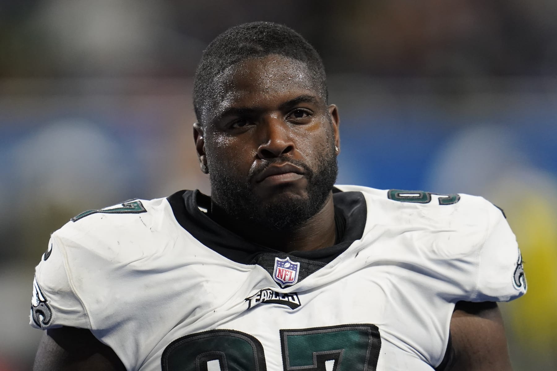 Philadelphia Eagles defensive tackle Javon Hargrave watches against the Detroit Lions during an NFL football game in Detroit, Sunday, Oct. 31, 2021. (AP Photo/Paul Sancya)