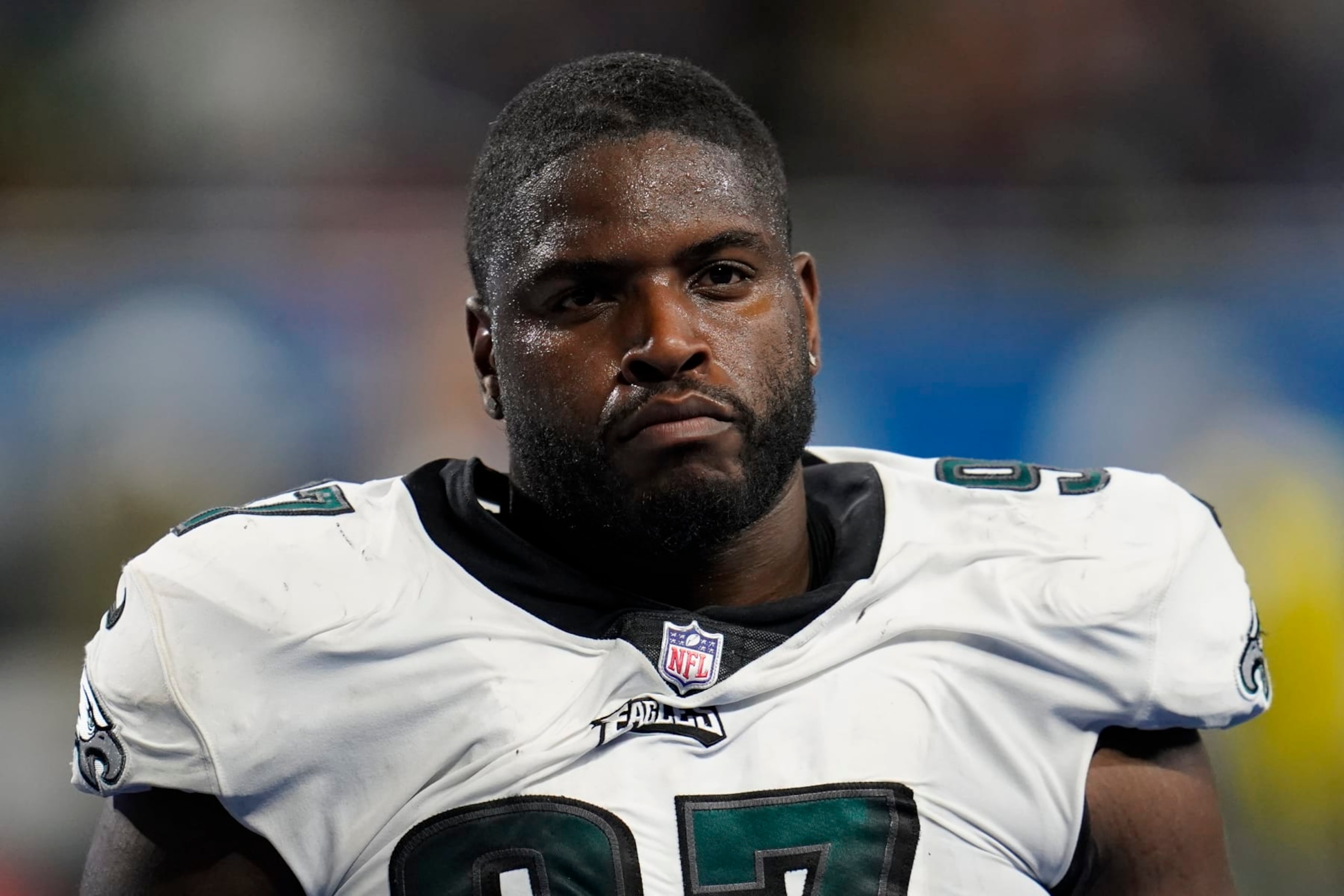 Philadelphia Eagles defensive tackle Javon Hargrave watches against the Detroit Lions during an NFL football game in Detroit, Sunday, Oct. 31, 2021. (AP Photo/Paul Sancya)