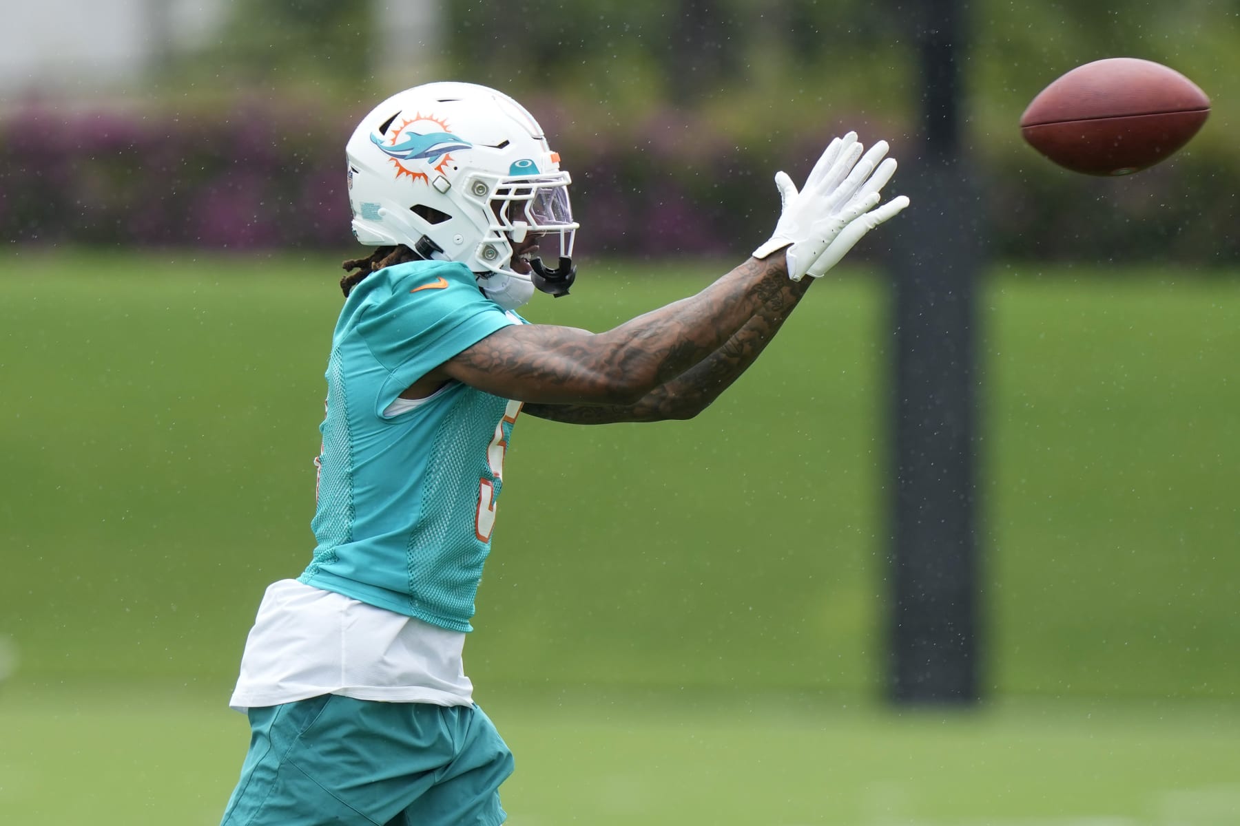 Miami Dolphins cornerback Jalen Ramsey does drills during NFL football practice at the team's training facility, Tuesday, May 23, 2023, in Miami Gardens, Fla. (AP Photo/Lynne Sladky)