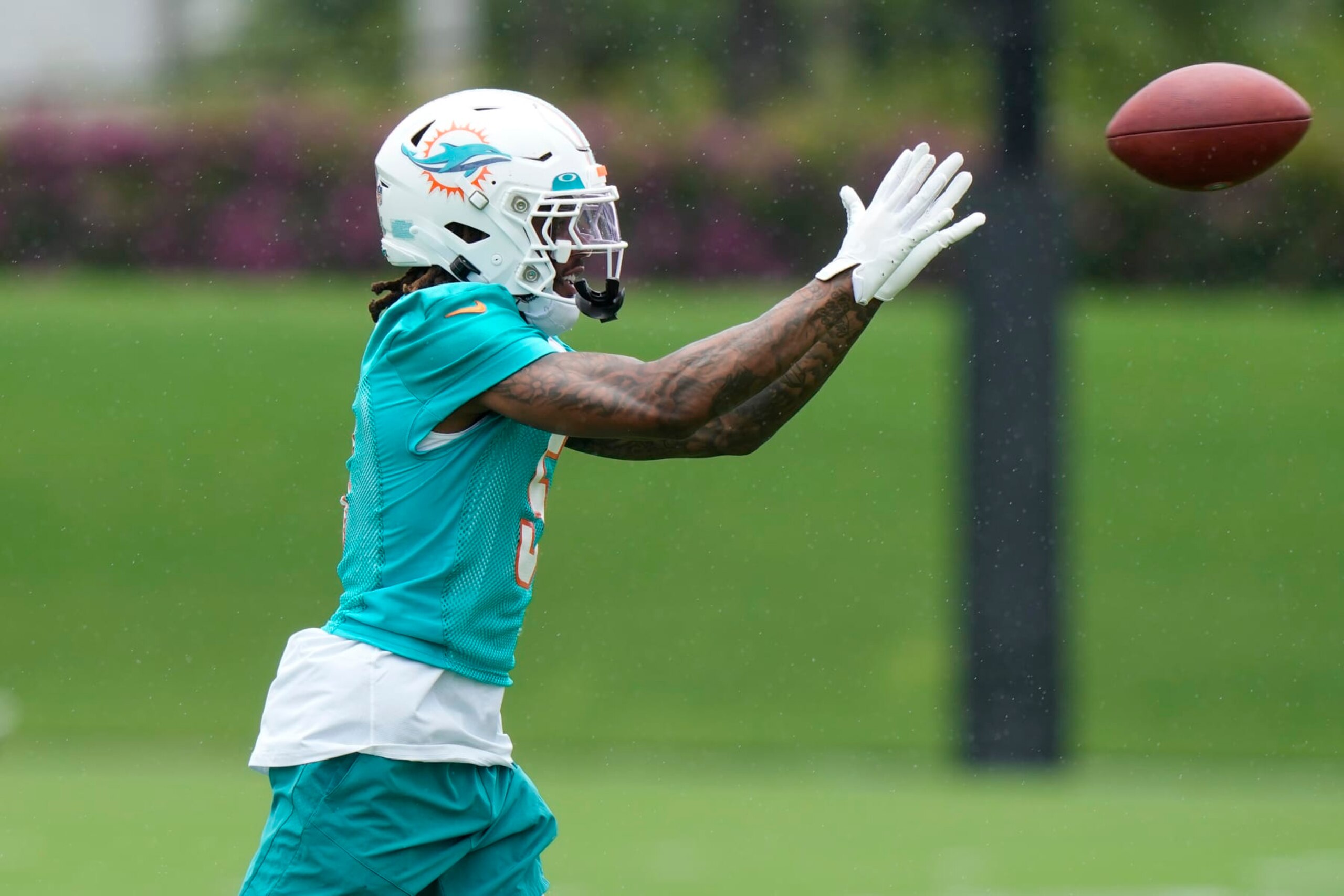 Miami Dolphins cornerback Jalen Ramsey does drills during NFL football practice at the team's training facility, Tuesday, May 23, 2023, in Miami Gardens, Fla. (AP Photo/Lynne Sladky)