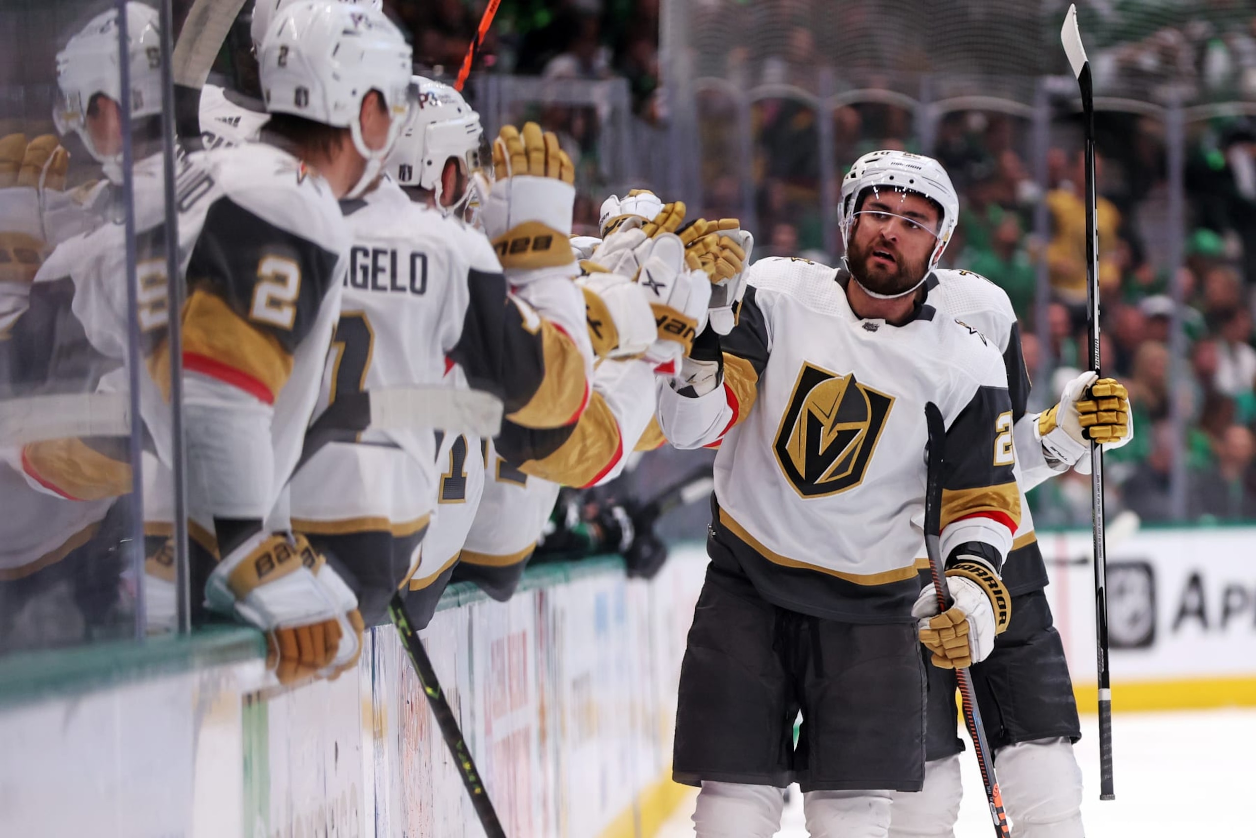 DALLAS, TEXAS - MAY 29: William Carrier #28 of the Vegas Golden Knights celebrates with the bench after scoring a goal during the first period against the Dallas Stars in Game Six of the Western Conference Final of the 2023 Stanley Cup Playoffs at American Airlines Center on May 29, 2023 in Dallas, Texas. (Photo by Steph Chambers/Getty Images)