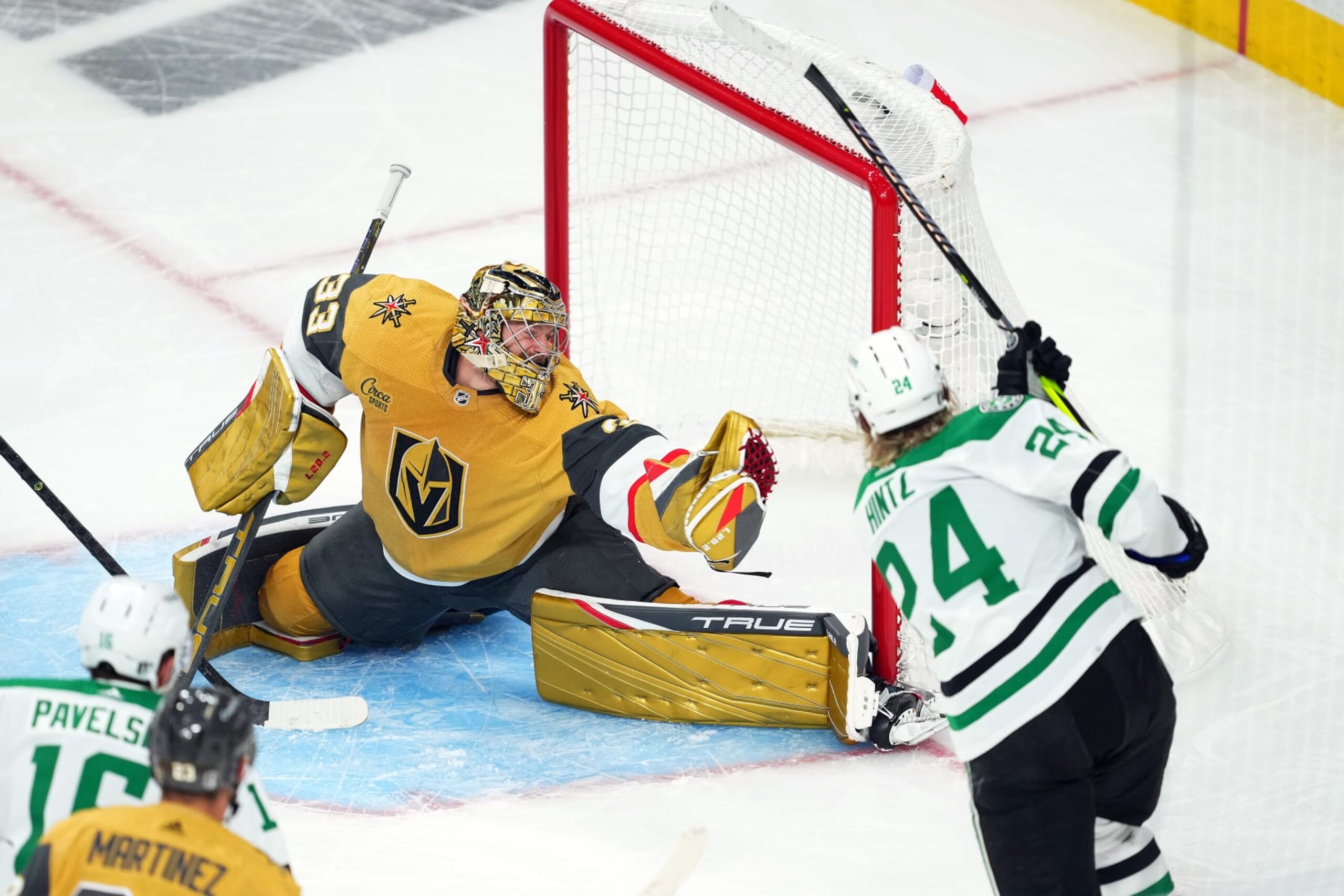 LAS VEGAS, NEVADA - MAY 27:  Adin Hill #33 of the Vegas Golden Knights makes the save against Roope Hintz #24 of the Dallas Stars during the first period in Game Five of the Western Conference Final of the 2023 Stanley Cup Playoffs at T-Mobile Arena on May 27, 2023 in Las Vegas, Nevada. (Photo by Chris Unger/Getty Images)