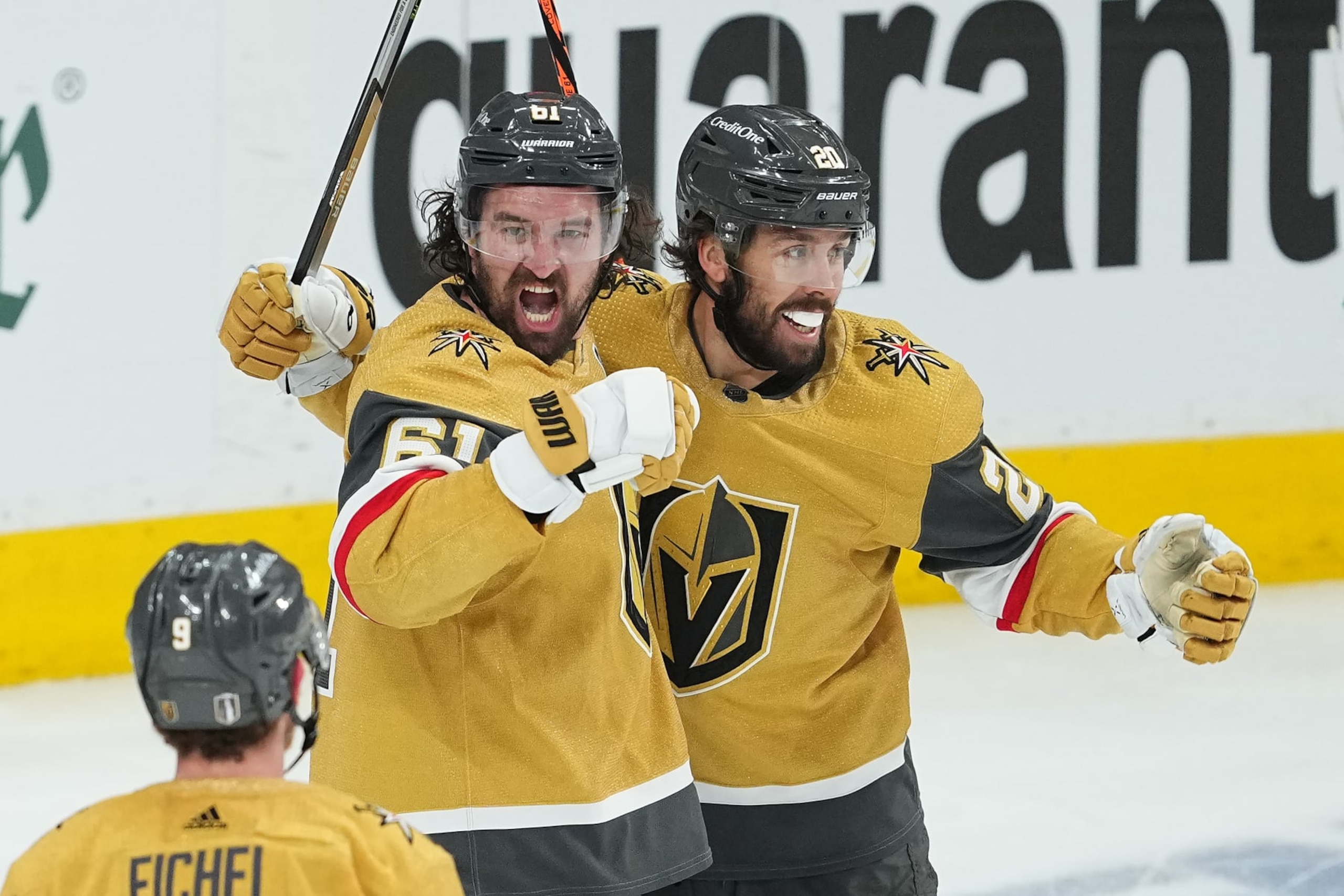LAS VEGAS, NEVADA - MAY 21: Mark Stone #61 of the Vegas Golden Knights celebrates a goal against the Dallas Stars with teammate Chandler Stephenson #20 during the first period in Game Two of the Western Conference Final of the 2023 Stanley Cup Playoffs at T-Mobile Arena on May 21, 2023 in Las Vegas, Nevada. (Photo by Chris Unger/Getty Images)