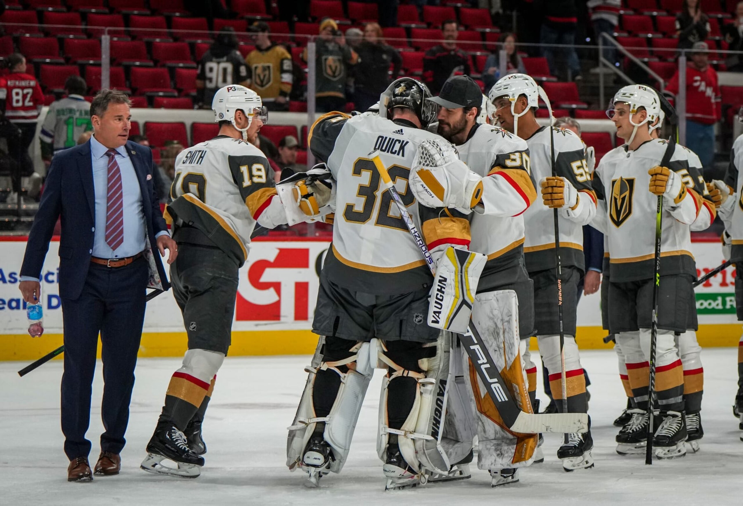 RALEIGH, NORTH CAROLINA - MARCH 11: The Vegas Golden Knights celebrate after the victory over the Carolina Hurricanes at PNC Arena on March 11, 2023 in Raleigh, North Carolina. (Photo by Josh Lavallee/NHLI via Getty Images)