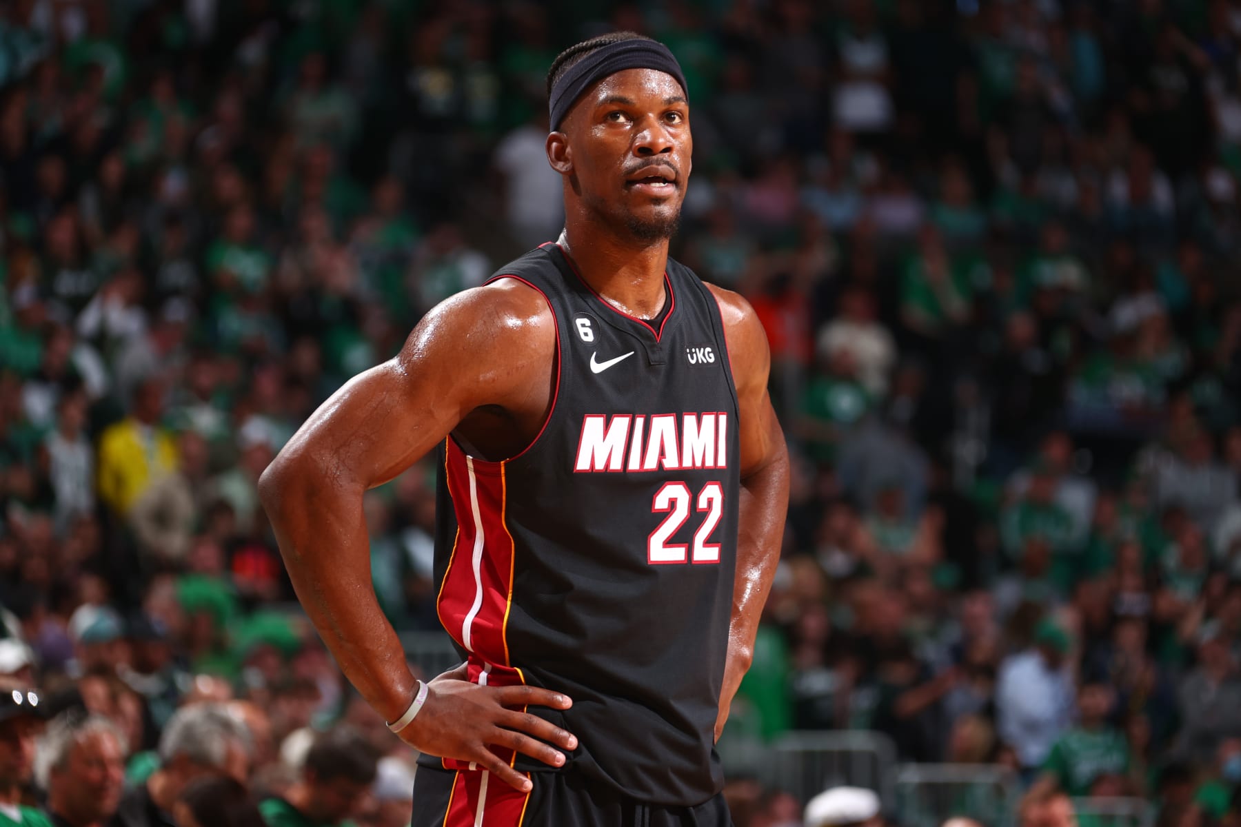 BOSTON, MA - MAY 29: Jimmy Butler #22 of the Miami Heat looks on during Game Seven of the Eastern Conference Finals against the Boston Celtics on May 29, 2023 at the TD Garden in Boston, Massachusetts. NOTE TO USER: User expressly acknowledges and agrees that, by downloading and or using this photograph, User is consenting to the terms and conditions of the Getty Images License Agreement. Mandatory Copyright Notice: Copyright 2023 NBAE  (Photo by Nathaniel S. Butler/NBAE via Getty Images)