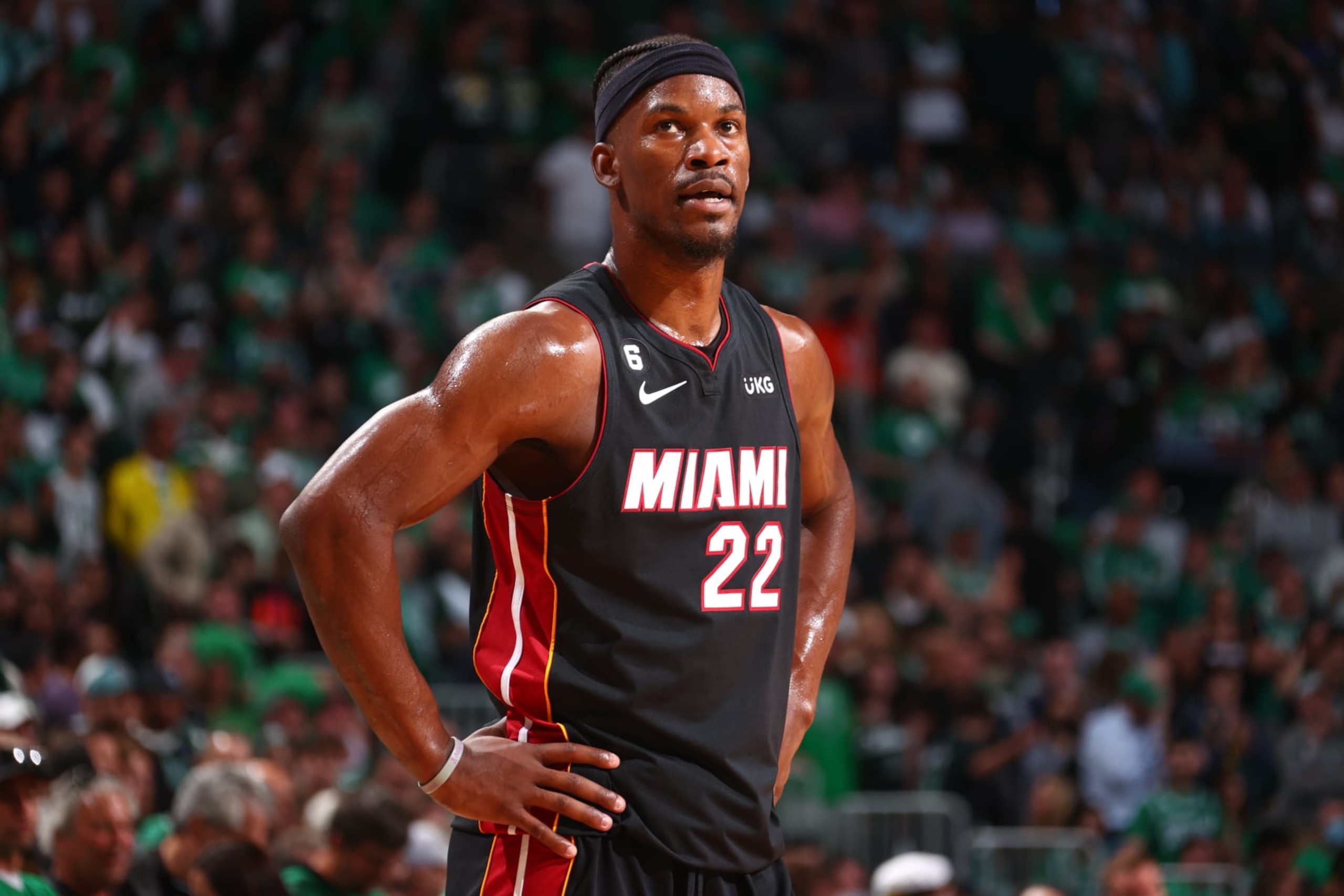 BOSTON, MA - MAY 29: Jimmy Butler #22 of the Miami Heat looks on during Game Seven of the Eastern Conference Finals against the Boston Celtics on May 29, 2023 at the TD Garden in Boston, Massachusetts. NOTE TO USER: User expressly acknowledges and agrees that, by downloading and or using this photograph, User is consenting to the terms and conditions of the Getty Images License Agreement. Mandatory Copyright Notice: Copyright 2023 NBAE (Photo by Nathaniel S. Butler/NBAE via Getty Images) BOSTON, MA - MAY 29: Jimmy Butler #22 of the Miami Heat looks on during Game Seven of the Eastern Conference Finals against the Boston Celtics on May 29, 2023 at the TD Garden in Boston, Massachusetts. NOTE TO USER: User expressly acknowledges and agrees that, by downloading and or using this photograph, User is consenting to the terms and conditions of the Getty Images License Agreement. Mandatory Copyright Notice: Copyright 2023 NBAE (Photo by Nathaniel S. Butler/NBAE via Getty Images)