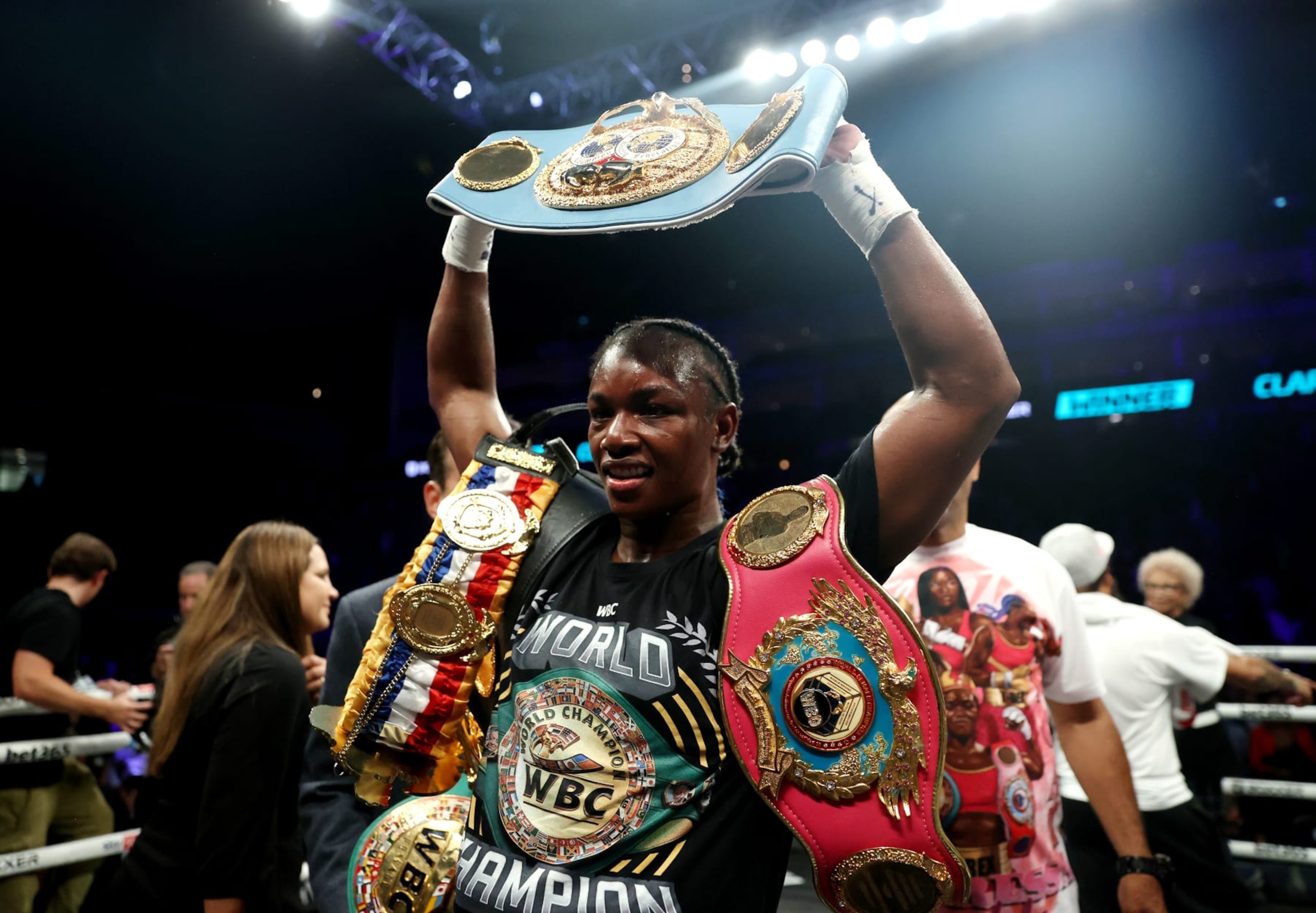 LONDON, ENGLAND - OCTOBER 15: Claressa Shields poses with the IBF, WBA, WBC, WBO World Middleweight Title belts after victory in the IBF, WBA, WBC, WBO World Middleweight Title fight between Claressa Shields and Savannah Marshall on the Shields vs Marshall Boxxer fight night which is the first women's only boxing card in the UK at The O2 Arena on October 15, 2022 in London, England. (Photo by James Chance/Getty Images) LONDON, ENGLAND - OCTOBER 15: Claressa Shields poses with the IBF, WBA, WBC, WBO World Middleweight Title belts after victory in the IBF, WBA, WBC, WBO World Middleweight Title fight between Claressa Shields and Savannah Marshall on the Shields vs Marshall Boxxer fight night which is the first women's only boxing card in the UK at The O2 Arena on October 15, 2022 in London, England. (Photo by James Chance/Getty Images)