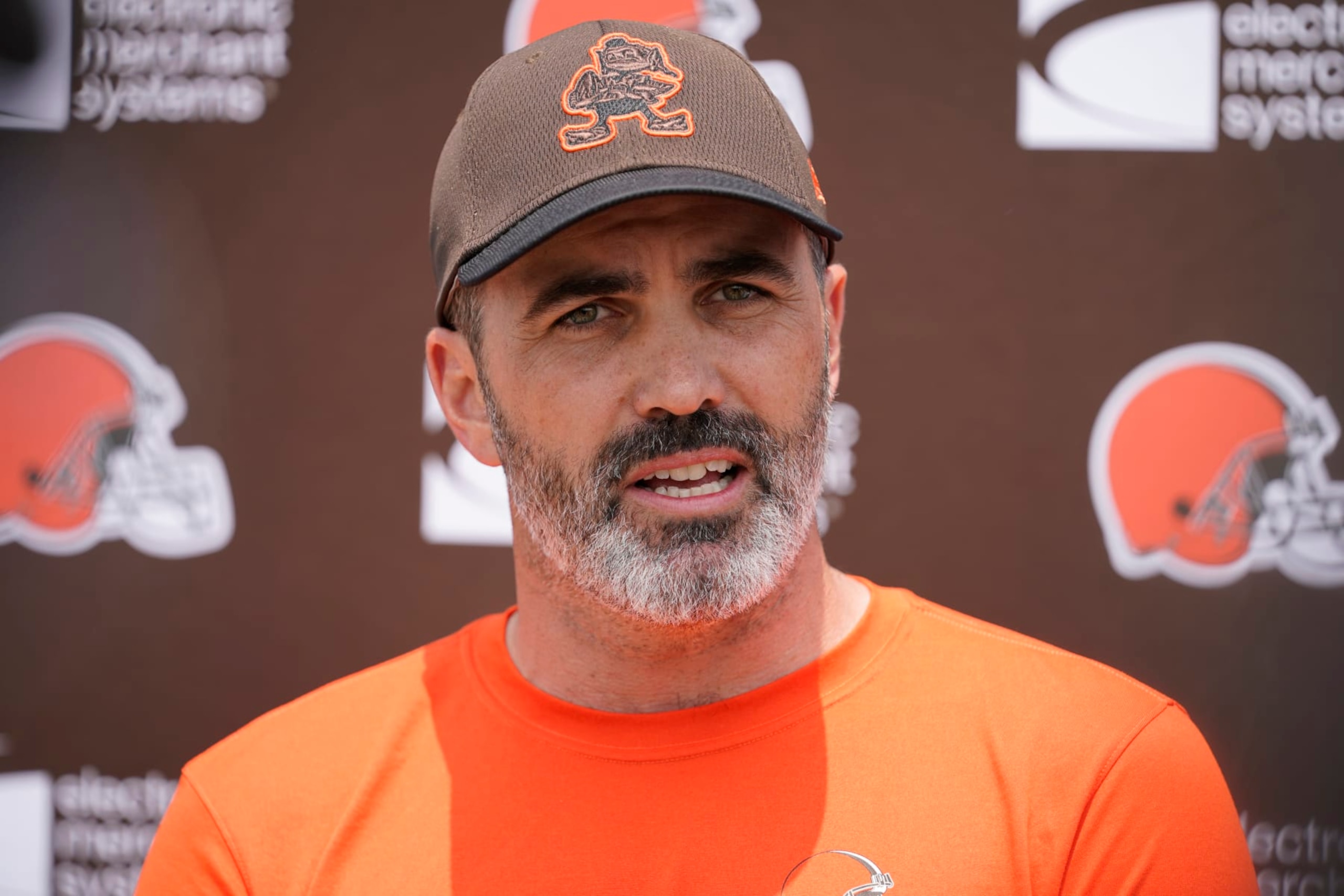 Cleveland Browns head coach Kevin Stefanski answers a question during a news conference following NFL football practice, Wednesday, May 24, 2023, in Berea, Ohio. (AP Photo/Sue Ogrocki)