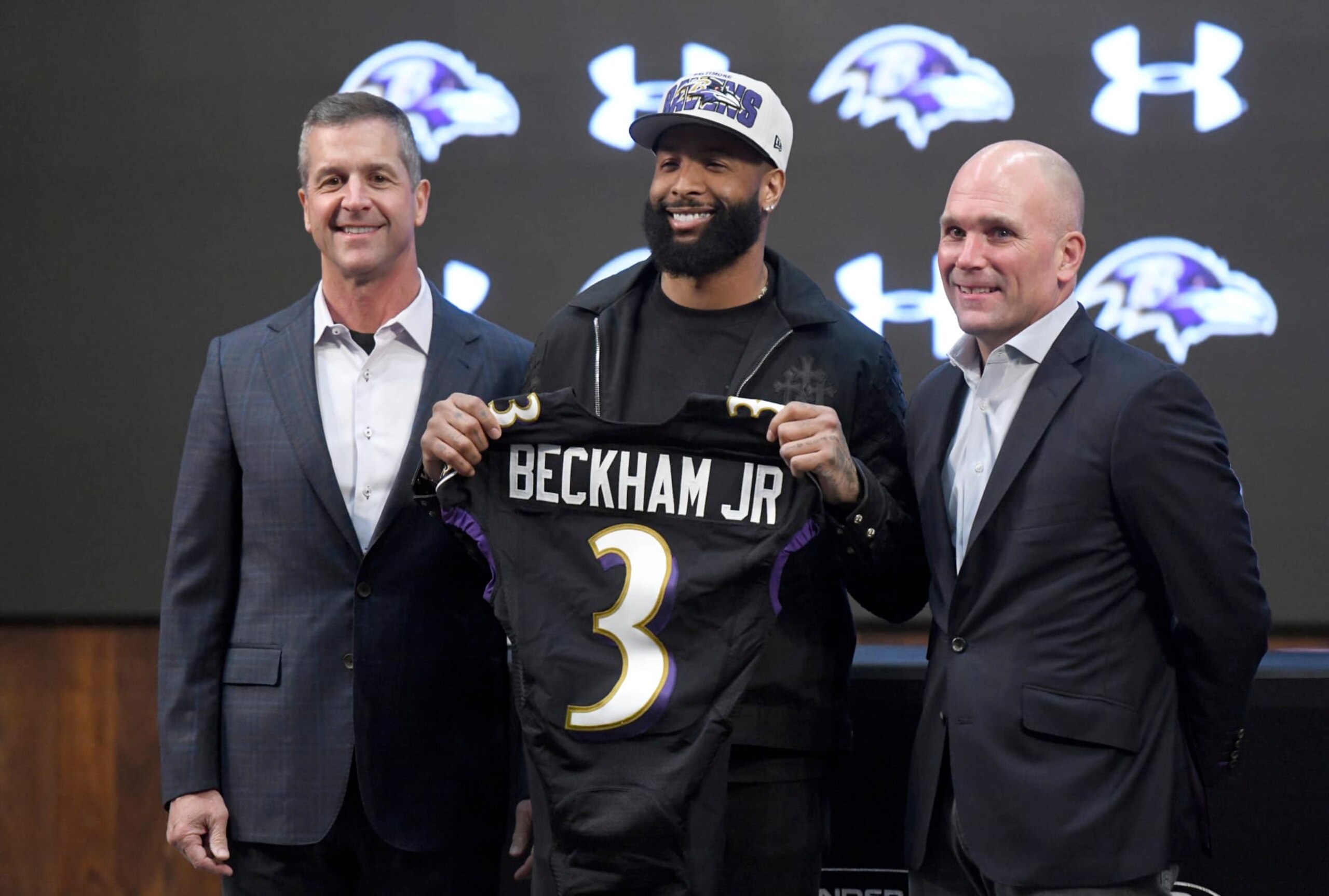 Head coach John Harbaugh, wide receiver Odell Beckham Jr. and general manager Eric DeCosta.