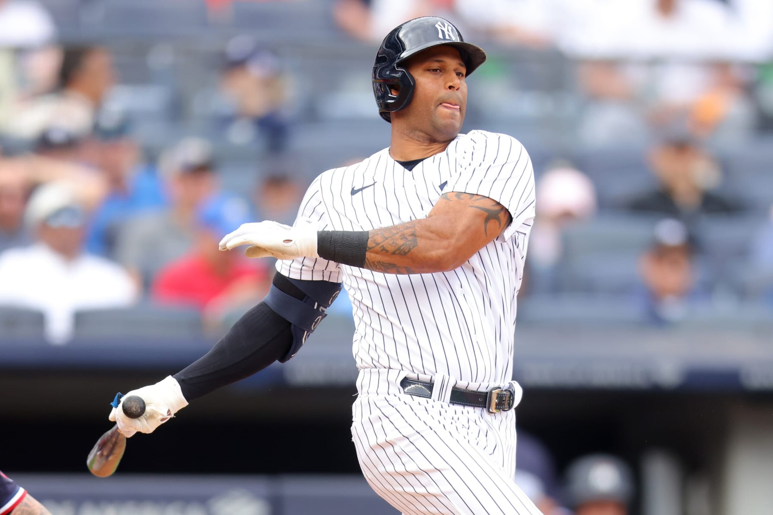 BRONX, NEW YORK - APRIL 16: Aaron Hicks #31 of the New York Yankees in action against the Minnesota Twins at Yankee Stadium on April 16, 2023 in Bronx, New York. New York Yankees defeated the Minnesota Twins 2-0. (Photo by Mike Stobe/Getty Images)